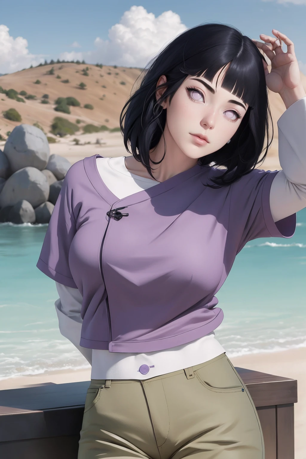 { - anatomy error}(Masterpiece - Ultra-detailed, very high resolution) , absurdos, Hinata\(Boruto\), 1girl, sozinho,Mature female, Capuz roxo,mangas em camadas, brown pants, ao ar livre, Cloudy sky, perfect composition, circunstanciado lips, peito grande, beautiful face, body propotion, corar, (pink lips), cabelos pretos curto (black hair), lilac eyes, olhar suave, super realistic, circunstanciado, Photo Session, rosto e corpo realistas, Realistic hair, olhos realistas, nariz realista, realistic lips, brown pants, anime, reading, writing, dynamic poses, closed mouth. Different Pose.