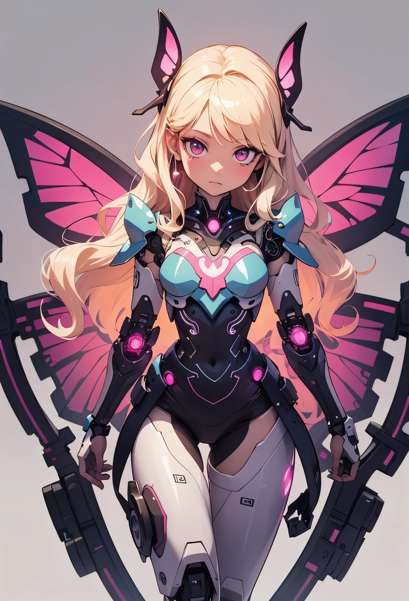 ((Highly accurate drawing in every detail)Extremely precise depiction)[High resolution],(detailed illustrations,とてもfineで緻密な描画,Delicate drawn lines with tempo,Realistic texture expression),[color traced main line],[labo],[[HENTAI]] ANIME (CYBERGirl anime Beauty 13 years old Cyborg[wavy hair (platinum blonde)]),([Butterfly wings] Magenta-pink Papillon cybernean armor [Aurora Armor] Fuselage only transparent material) Cyber Headset,(cybernetic [clear lenticular iris]),(intricate and beautiful decoration [Dense detail]),(Fine and beautiful skin expression [transparency]),[完璧な目のdetailed (Beautifully detailed iris)(Eyes like deep jewels)],(eyes light[Pinpoint lighting for the eyes]),[long and beautiful eyelashes],[precisely drawn hair [美しく艷やかな髪のdetailed]],(完璧な手のdetailed [Beautiful fingers with no damage [beautiful nails]]),(perfect anatomy(perfectly balanced proportions))[[full body portrait]],[[Design built to the highest level]][ideal color coordination(Accurate simulation of light and material interactions)],([Precision Detail](detailed,高fine)),[Visual art that tells a story],((highest quality)fine[[High density drawing]])[FHD].