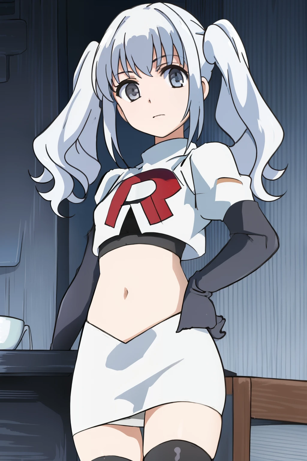 ((masterpiece)), (( best quality)), 1girl, solo, twintails, grey eyes, white hair, team rocket,team rocket uniform, red letter R, white skirt,white crop top,black thigh-highs,black elbow gloves,