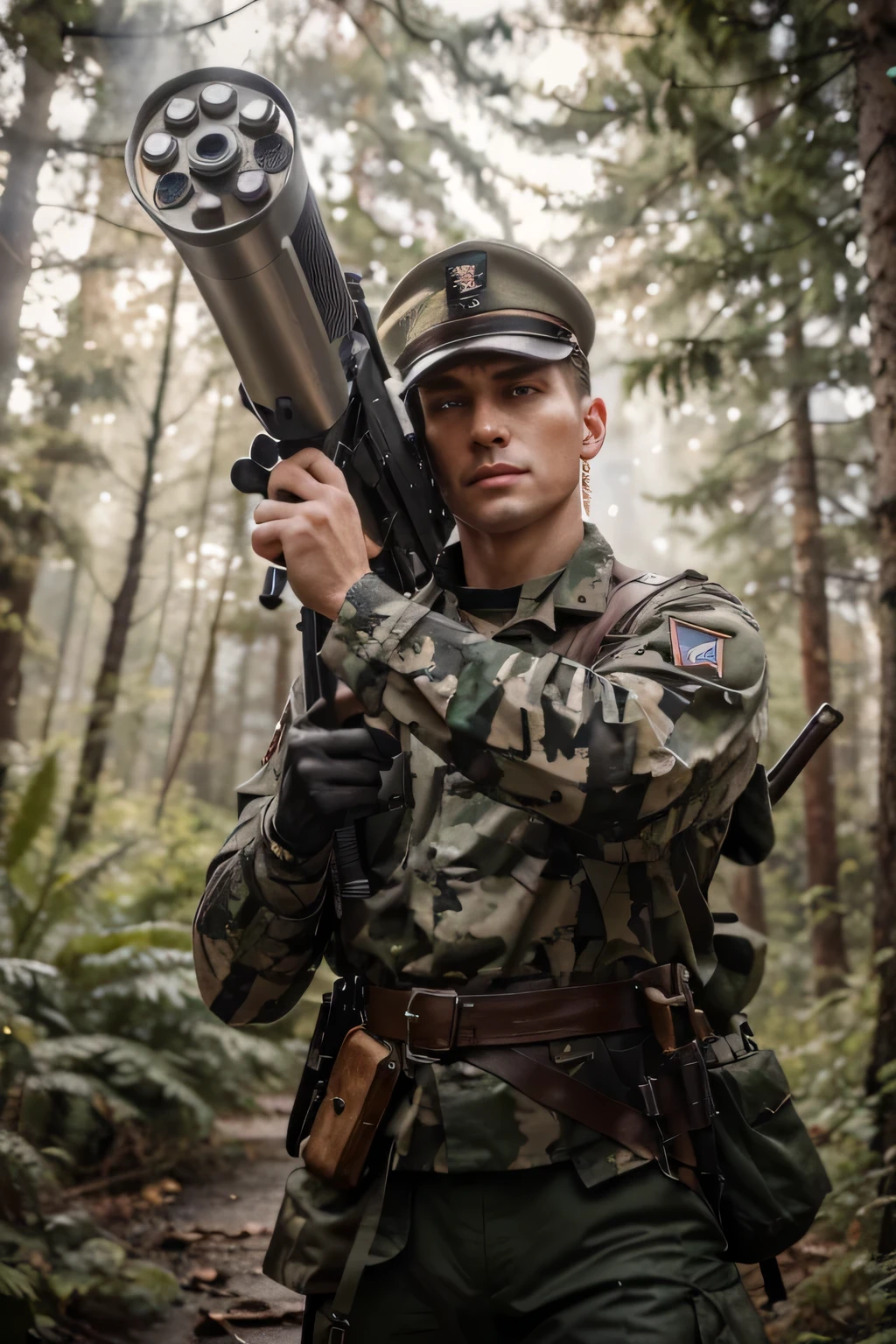 Soldado masculino, Cara alemana, pelo corto estilo militar, WWII German style gray military cap, WWII German style gray military uniform., metal iron shoulder pads, guantes de cuero negro, Belt with ammunition, sostiene una minigun, it's in a german forest, Luz de noche, mucho humo, ultra detallado, hyper Realista, 4k, ultra detallado image, Realista, muy detallado, perfect composition, gorgeous, Intrincadamente detallado, incredibly detailed, 8 k artistic photography, hiper detallado, obra maestra, ultra detallado, hyper Realista, 4k, ultra detallado image, Realista, muy detallado, perfect composition, gorgeous, Intrincadamente detallado, incredibly detailed, 8 k artistic photography, hiper detallado, obra maestra