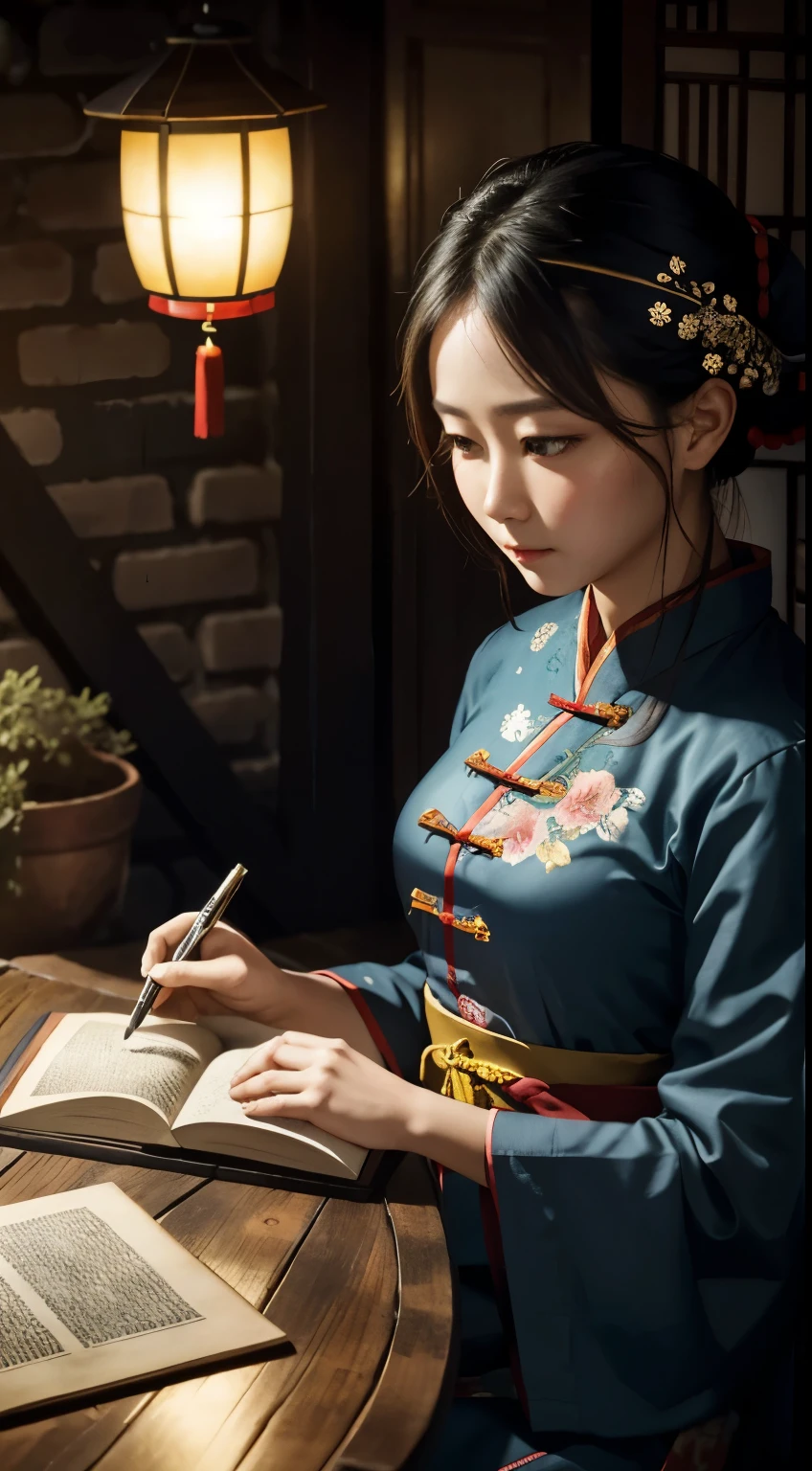 A photo of a beautiful girl in a traditional Chinese dress looking at ancient chinese book under lamp on a low table in garden surrounded by old walls in a peaceful night,((her right hold a pen and her left hand place on table)),((masterpiece)),realistic,4k,extremely detailed,((beautiful big eyes))