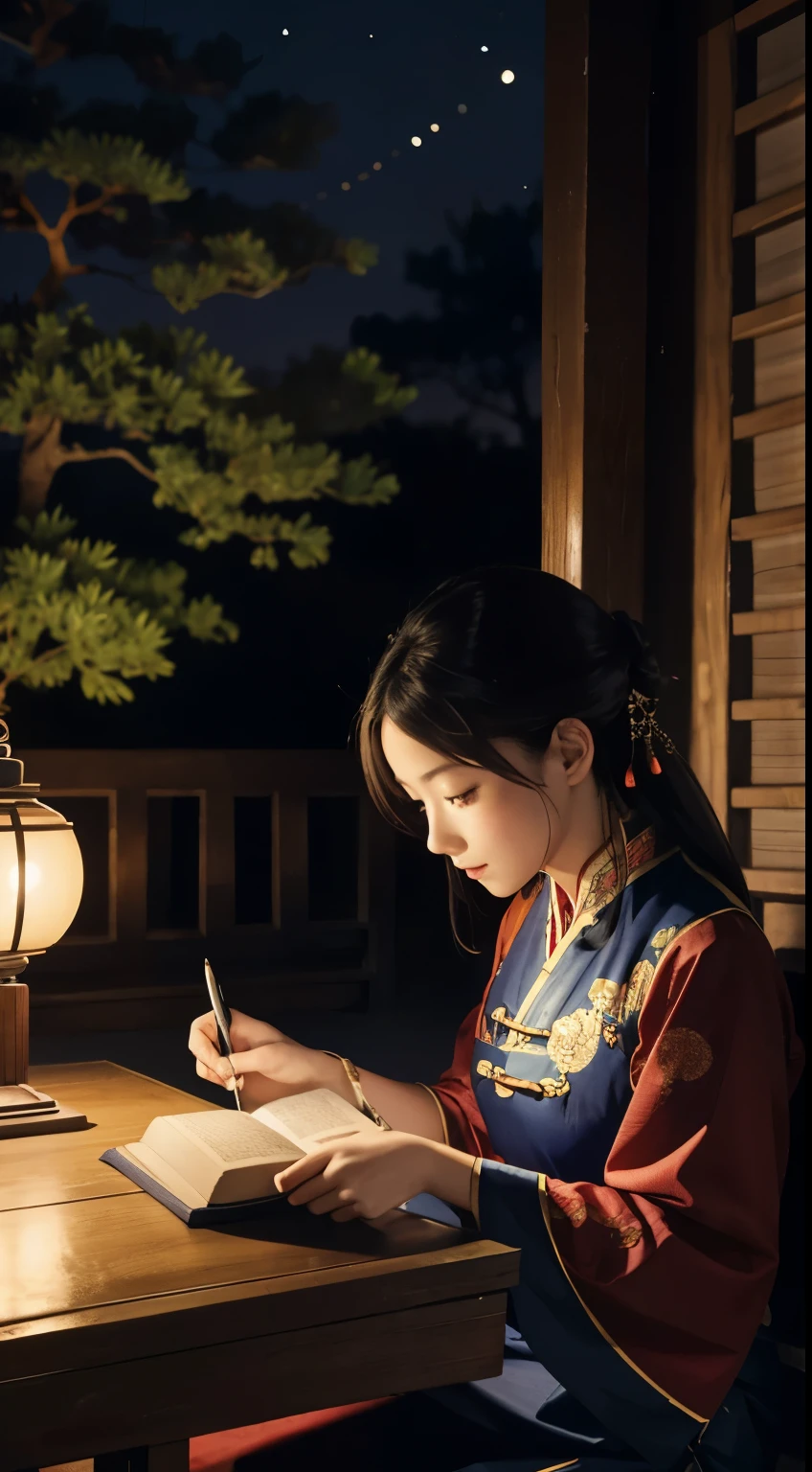 A photo of a beautiful girl in a traditional Chinese dress looking at ancient chinese book under lamp on a low table in garden surrounded by old walls in a peaceful night,((her right hold a pen and her left hand place on table)),((masterpiece)),realistic,4k,extremely detailed,((beautiful big eyes))