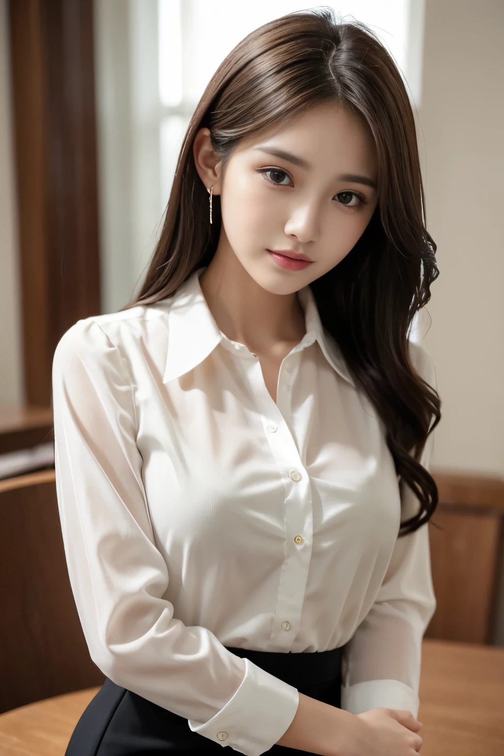 table top, highest quality, realistic, Super detailed, finely, High resolution, 8k wallpaper, 1 beautiful woman,, light brown messy hair, He is wearing a black see-through dress shirt with an open collar., sharp focus, perfect dynamic composition, beautiful and detailed eyes, thin hair, Detailed realistic skin texture, smile, close-up portrait, model body shape、president&#39;s secretary、mini skirt、high heels、whole body、suit
