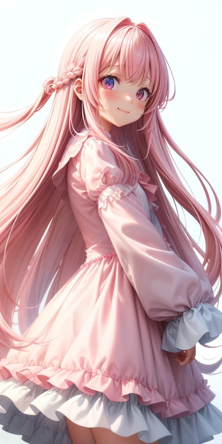 girl、white background、no background、pink hair、long hair、straight long hair、Contrasting bangs、Eyes are sparkling、highlight、white and pink dress、White and pink long-sleeved one-piece clothes、frills、profile、April、frontal face、Looking straight at me、blush、smile、cute、no background