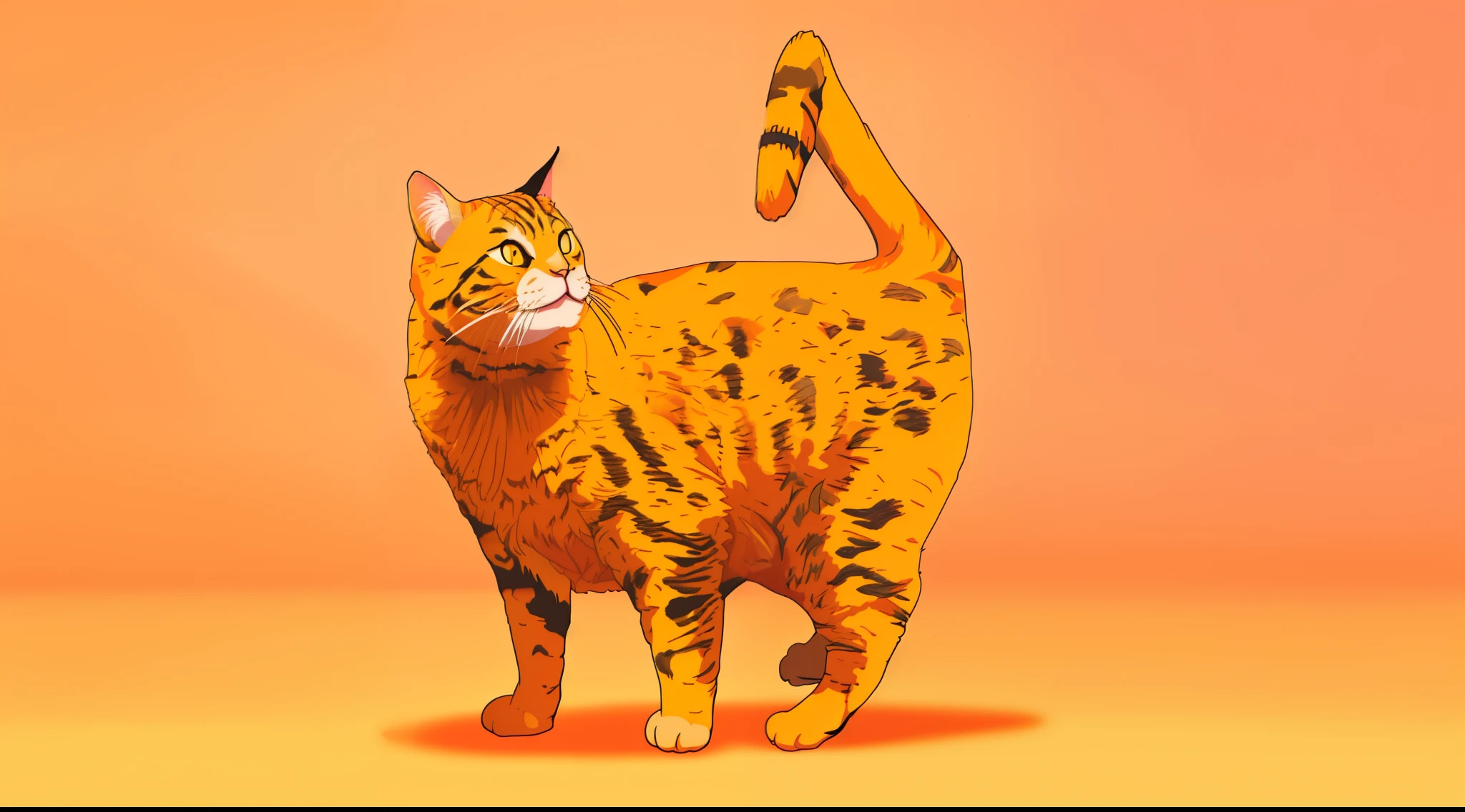 there is a cat that is standing on a yellow surface, ginger cat in mid action, photo of a cat, an orange cat, cat tail, ginger cat, orange cat, thick tail, ad image, cat photo, cat photography, the cat is orange, tail raised, thick fluffy tail, portrait of garfield, full - bodied portrait, in front of an orange background