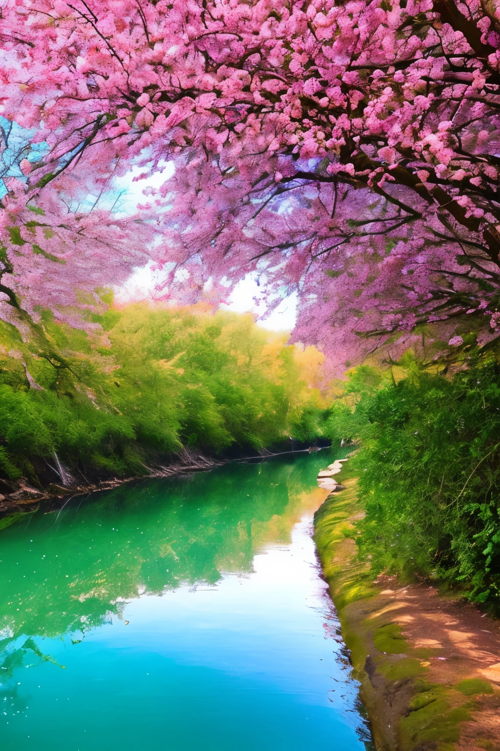 beautiful natural scenery with a clear river with apple trees whose fruit is ripe.