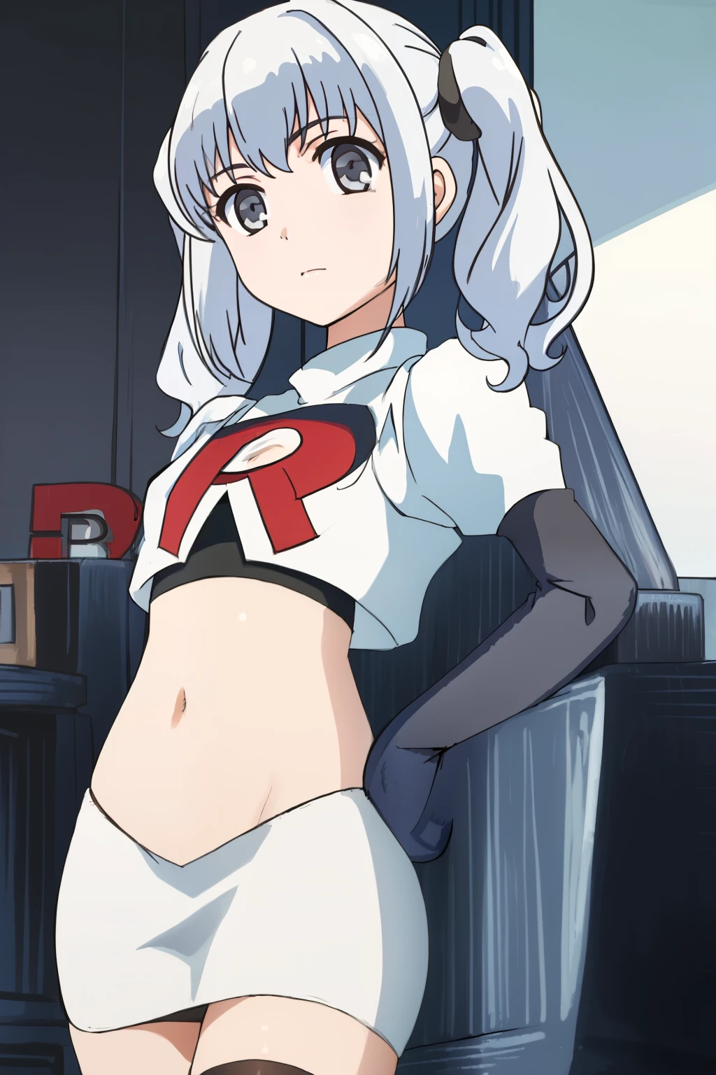 ((masterpiece)), (( best quality)), 1girl, solo, twintails, grey eyes, white hair, team rocket,team rocket uniform, red letter R, white skirt,white crop top,black thigh-highs,black elbow gloves,