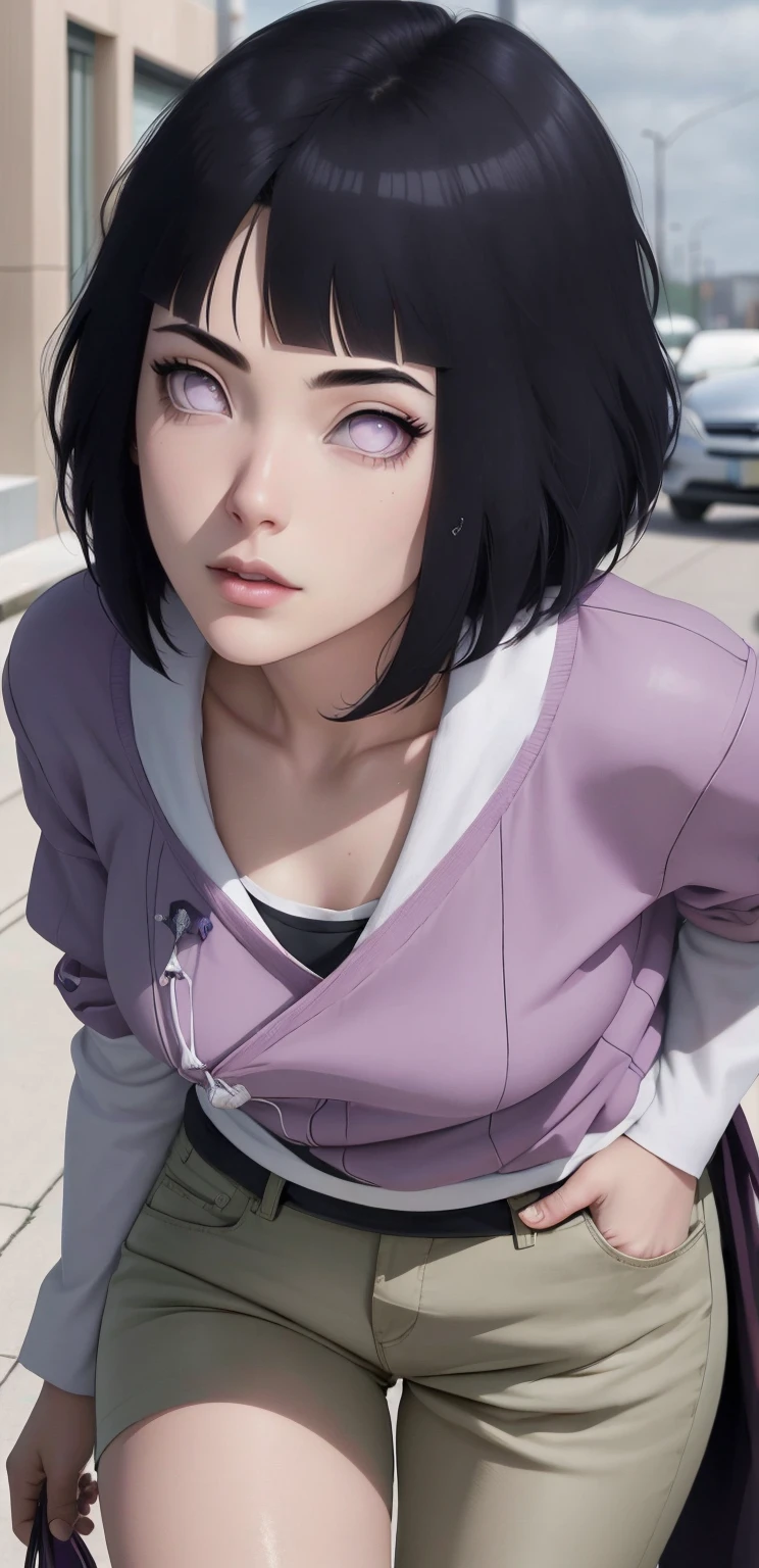 { - anatomy error}(Masterpiece - Ultra-detailed, very high resolution) , absurdos, Hinata\(Boruto\), 1girl, sozinho,Mature female, Capuz roxo,mangas em camadas, jeans, ao ar livre, Cloudy sky, perfect composition, circunstanciado lips, peito grande, beautiful face, body propotion, corar, (pink lips), cabelos pretos curto (black hair), lilac eyes, olhar suave, super realistic, circunstanciado, Photo Session, rosto e corpo realistas, Realistic hair, olhos realistas, nariz realista, realistic lips, brown pants, anime, walking with lilac shoes.