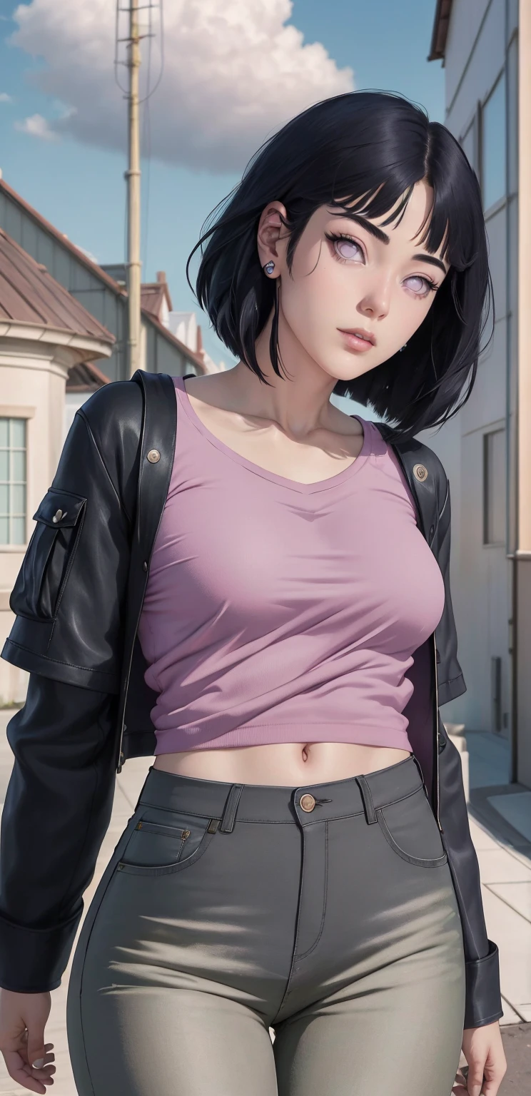 { - anatomy error}(Masterpiece - Ultra-detailed, very high resolution) , absurdos, Hinata\(Boruto\), 1girl, sozinho,Mature female, Capuz roxo,mangas em camadas, jeans, ao ar livre, Cloudy sky, perfect composition, circunstanciado lips, peito grande, beautiful face, body propotion, corar, (pink lips), cabelos pretos curto (black hair), lilac eyes, olhar suave, super realistic, circunstanciado, Photo Session, rosto e corpo realistas, Realistic hair, olhos realistas, nariz realista, realistic lips, brown pants, anime, walking with lilac shoes.