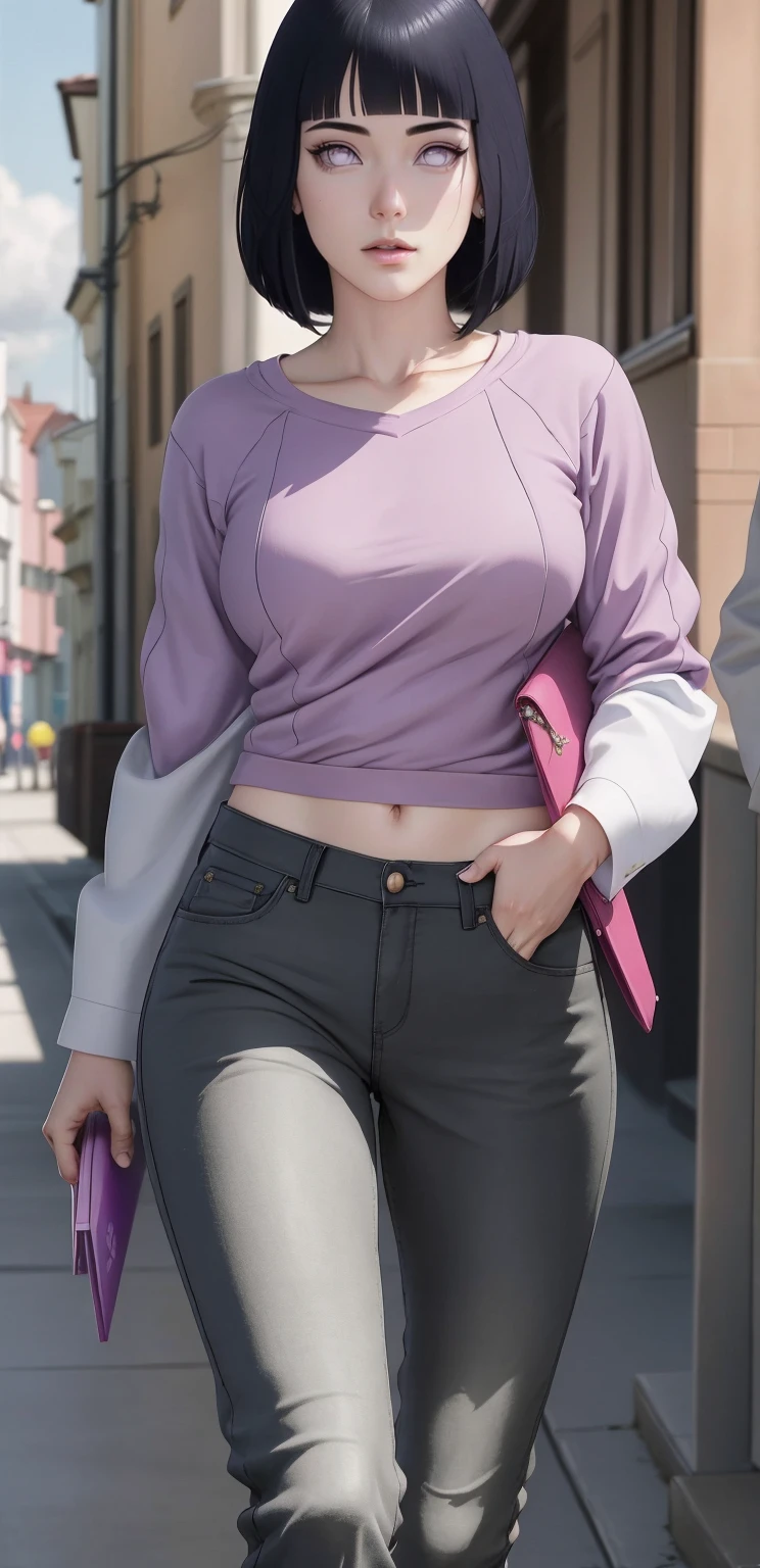{ - anatomy error}(Masterpiece - Ultra-detailed, very high resolution) , absurdos, Hinata\(Boruto\), 1girl, sozinho,Mature female, Capuz roxo,mangas em camadas, jeans, ao ar livre, Cloudy sky, perfect composition, circunstanciado lips, peito grande, beautiful face, body propotion, corar, (pink lips), cabelos pretos curto (black hair), lilac eyes, olhar suave, super realistic, circunstanciado, Photo Session, rosto e corpo realistas, Realistic hair, olhos realistas, nariz realista, realistic lips, brown pants, anime, walking with lilac shoes.