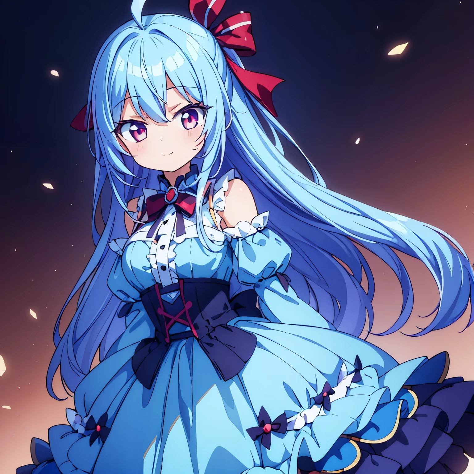 (masterpiece:1.2), (expensive_quality:1.2), 16k, 1080P, 1 girl, light blue hair, sidetail, hair ribbon, red eyes, light smile, fantasy costume, anatomically correct, Ahoge, long hair