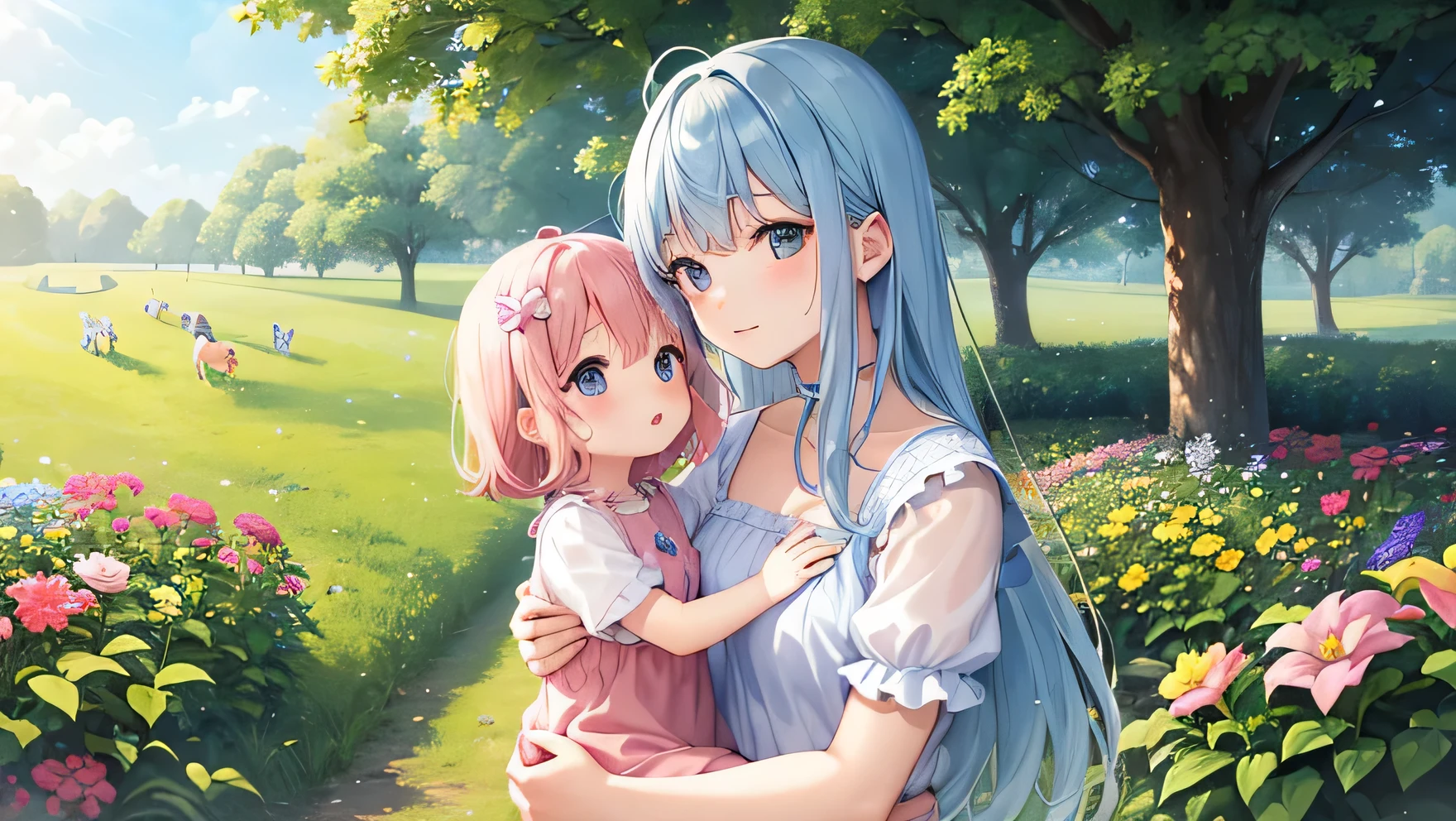 Two pure and innocent girls、、2 people(1 person with pink hair、1 name light blue hair)、cute face、beautiful eyes、beauty of nature、warm sunshine pouring down、wild flowers swaying in the breeze々Surrounded by、enjoying time in the fields。Butterflies and birds fly around her、Adds a playful atmosphere。