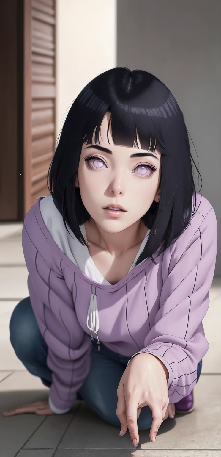 { - anatomy error} (Masterpiece - Ultra-detailed, very high resolution) , absurdos, Hinata\(Boruto\), 1girl, sozinho,Mature female, Capuz roxo,mangas em camadas, jeans, ao ar livre, Cloudy sky, perfect composition, circunstanciado lips, peito grande, beautiful face, body propotion, corar, (pink lips), cabelos pretos curto (black hair), lilac eyes, olhar suave, super realistic, circunstanciado, rosto e corpo realistas, Realistic hair, olhos realistas, nariz realista, realistic lips, anime. Walking on the floor with lilac shoes.