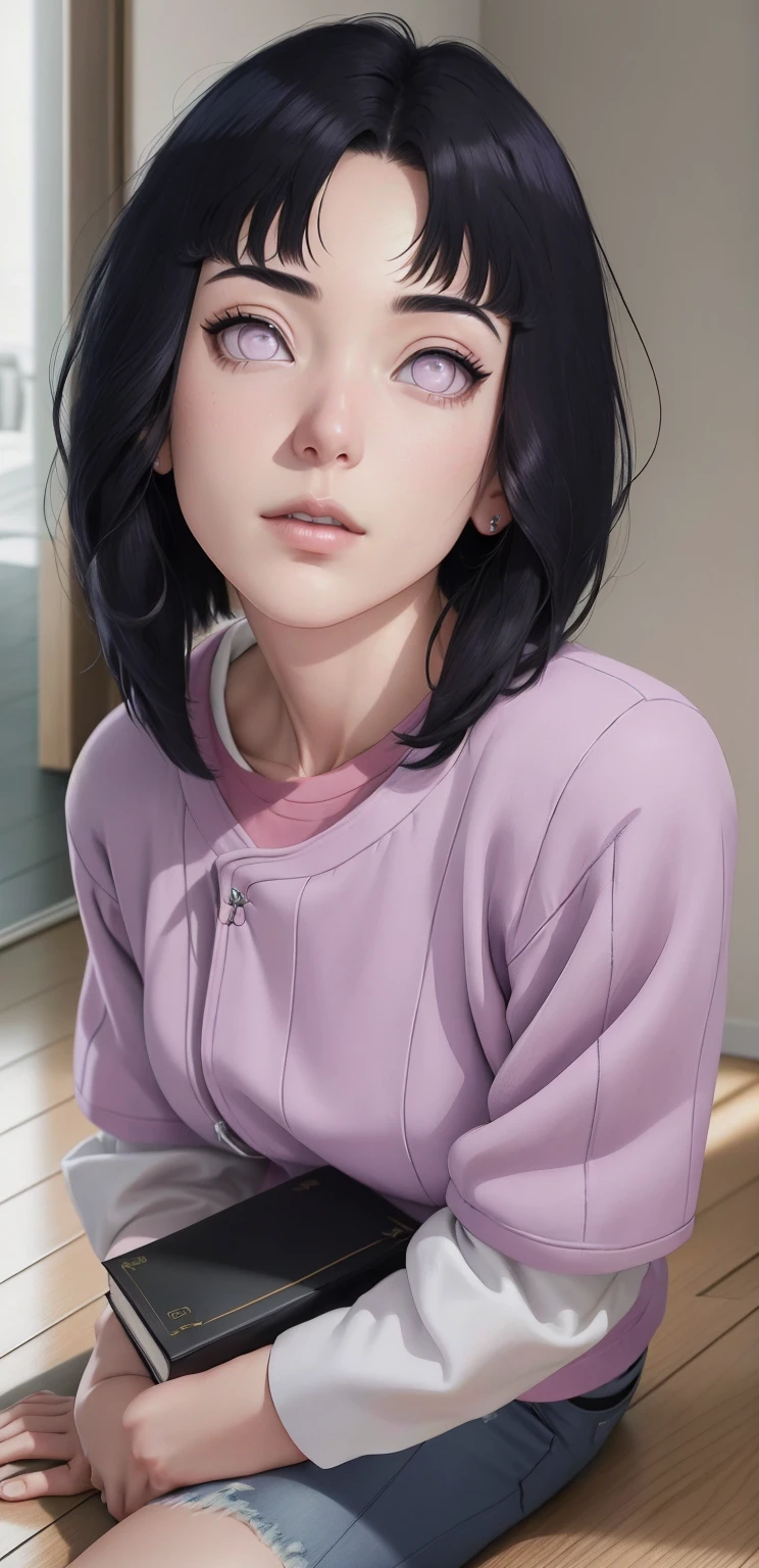 { - anatomy error} (Masterpiece - Ultra-detailed, very high resolution) , absurdos, Hinata\(Boruto\), 1girl, sozinho,Mature female, Capuz roxo,mangas em camadas, jeans, ao ar livre, Cloudy sky, perfect composition, circunstanciado lips, peito grande, beautiful face, body propotion, corar, (pink lips), cabelos pretos curto (black hair), lilac eyes, olhar suave, super realistic, circunstanciado, rosto e corpo realistas, Realistic hair, olhos realistas, nariz realista, realistic lips, anime. Walking on the floor with lilac shoes.