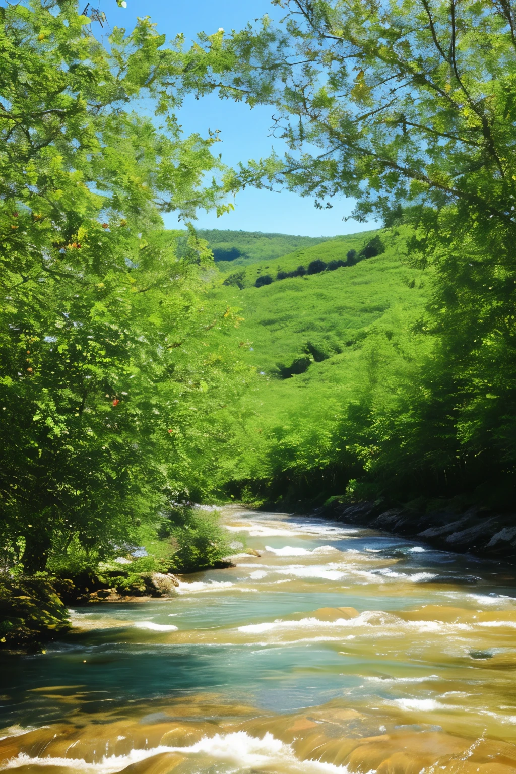 beautiful natural scenery with a clear river with apple trees whose fruit is ripe.