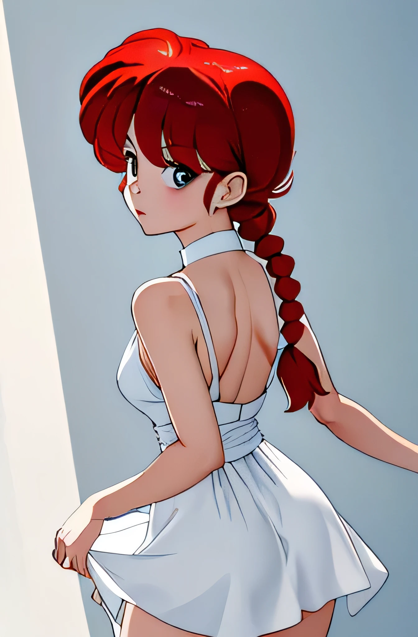 (8k, RAW photo, best quality, masterpiece:1.2),    RanmaChan, Ranma whhite dress, white panty, turn back, show her butt, ranma in a strech white dress