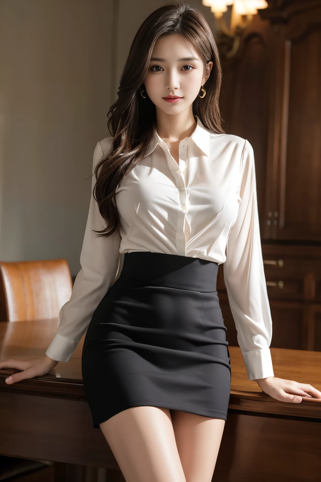 table top, highest quality, realistic, Super detailed, finely, High resolution, 8k wallpaper, 1 beautiful woman,, light brown messy hair, He is wearing a black see-through dress shirt with an open collar., sharp focus, perfect dynamic composition, beautiful and detailed eyes, thin hair, Detailed realistic skin texture, smile, close-up portrait, model body shape、president's secretary、mini skirt、high heels、whole body