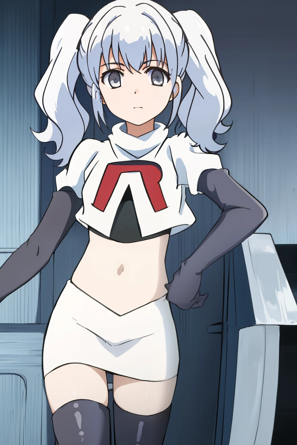 ((masterpiece)), (( best quality)), 1girl, solo, twintails, grey eyes, white hair, team rocket,team rocket uniform, red letter R, white skirt,white crop top,black thigh-highs,black elbow gloves,