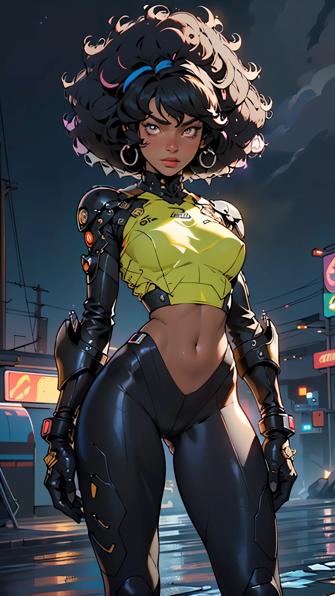 girl spacepunk,(((1girl))),((cute and beautiful afro haired girl)),((((black race)))),
(large breasts:1.4),saggy breasts,((((black afro hair:1.35,((afro hair:1.35)),afrohair,afro:1.35,dark hair,black hair,)))),medium hair,((heterochromia:1.5, (yellow_eye and red_eye))),intricate eyes,beautiful detailed eyes,symmetrical eyes,((fat)),((((tan,dark skin,black skin:1.35,dark-skinned_female,dark skin:1.3,ebony skin,lustrous skin:1.5,bright skin: 1.5,shiny skin,very shiny skin,shiny body,illuminated skin,wet legs)))),(spider lower abdomen,narrow waist,wide hip,athletic body,inflated legs, thick thighs),((detailed face)),
cute,slutty,sensual,seductive look,seductive,erotic,enchanting,((nsfw)),
zettai ryouiki,revealing clothing,show skin,(wearing a mechanical space body armor:1.3,micro armor bikini,bare legs,an armored arm),(((wet clothes,intricate outfit,intricate clothes))),
(dynamic pose:1.0),solo focus,embarrassed,(centered,scale to fit dimensions,Rule of thirds),
cyberpunk city by the ocean at night, with bright neon signs and dark stormy clouds and puddles, scenery:1.25,nighttime, starry night, cosmos,Very dark night that makes the neon lights stand out, very bright neon lights,nighttime, starry night, cosmos,
artistic photography,(photography taken by sldr),highres, sharp focus,(ultra detailed, extremely detailed), (photorealistic artwork:1.37),(extremely detailed CG unity 8k wallpaper),((synthwave background theme)),(((vibrant colors))),intricate,(intricate background),(masterpiece),(best quality),perfect rendered face,perfect face details,realistic face,photo realistic,analog style,((intricate detail)),(((realism))),