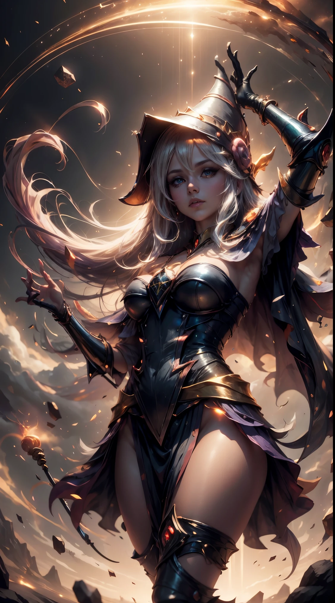 "Photograph of a dark magician golden sorceress under the moonlight,  Atmospheric, Hora dorada, encantador, Oscuro y encantador."