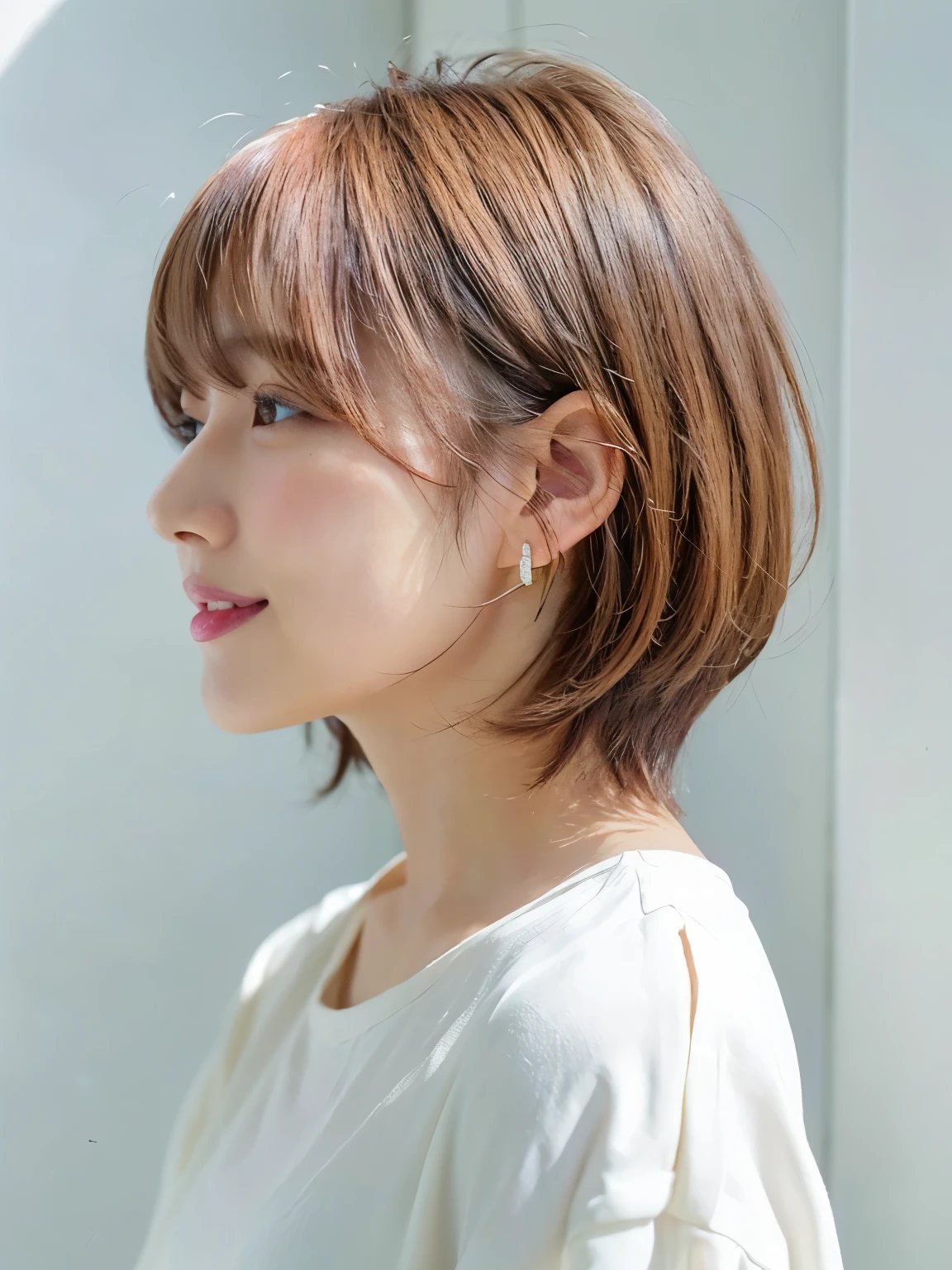 white wall、Taken in front of the white door、(窓のあるwhite wallの部屋)、(8K、Raw photo、highest quality、masterpiece:1.2)、High-definition RAW color photo、professional photos、(realistic、フォトrealistic:1.37)、Shot in natural light、1 girl、laughter、Versatile poses、Spring clothes、 necklace、(Beautiful profile:1.3)、Don't look at the camera、profile、shortcut、((bright hair color))、short hair、Shot in natural light、High-tone hair color、earrings、Blouses in pastel colors