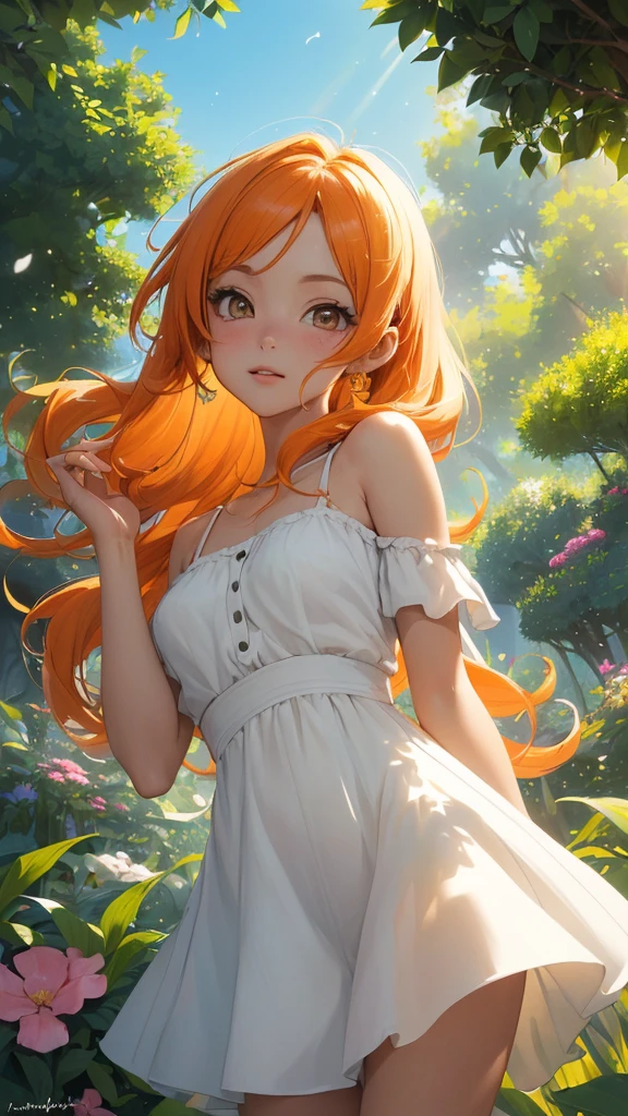 (Mejor calidad,4k,high resolution,obra maestra,,ultra detallado,Realista,HDR,animado,chica,Nami de one peace anime,pelo naranja,vestido blanco,I will deny the matter,hermosos ojos detallados,hermosos labios detallados,sentado en el suelo,flores silvestres a su alrededor,The sunlight filters through the trees,peaceful atmosphere,Colores vibrantes,sombras suaves,Dream style