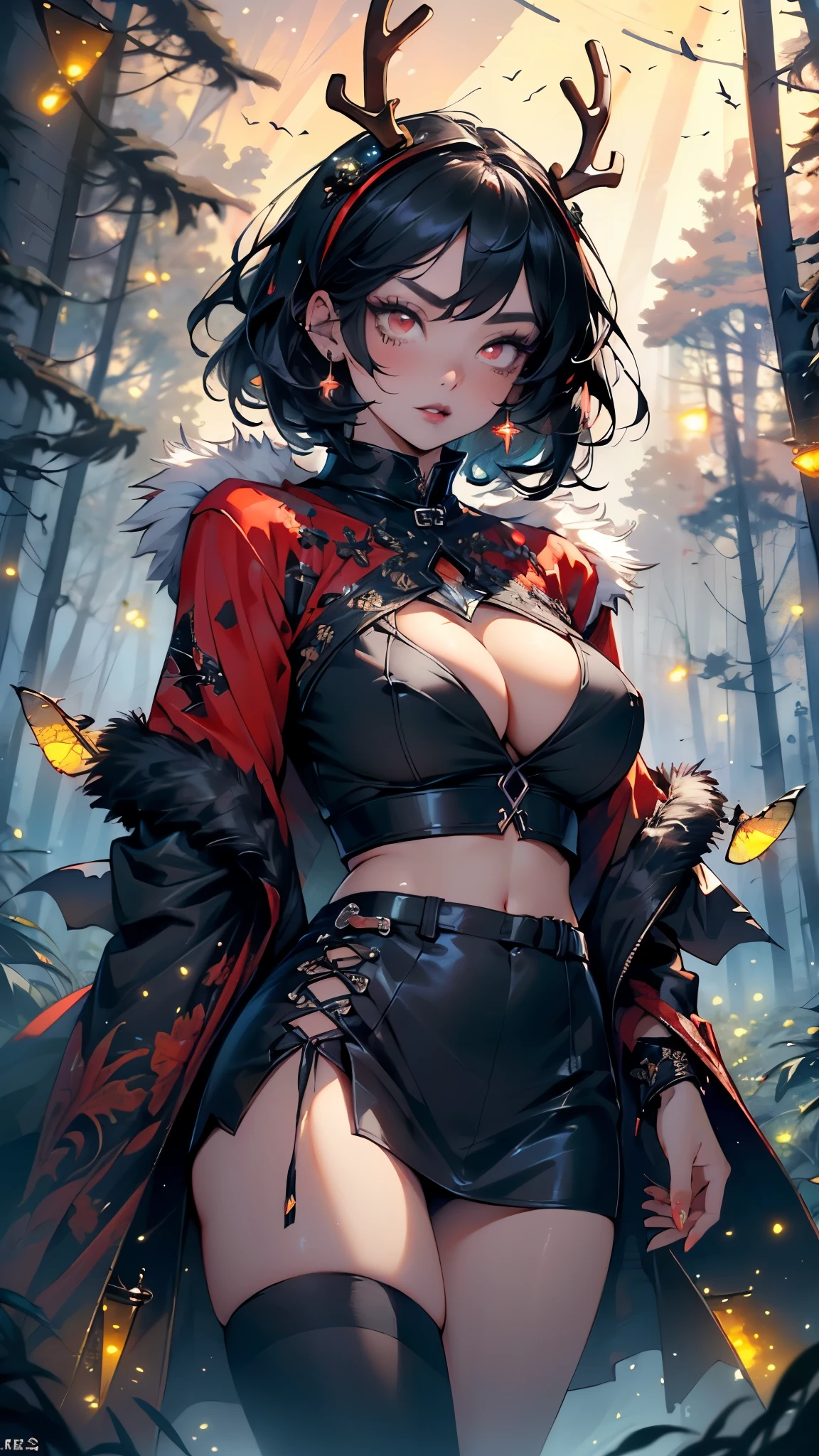 gothic reindeer girl,(((1girl))),((extremely cute and beautiful black haired anime gothic reindeer girl)),

(((anthro furry:1.2), Playboy_Reindeer, reindeer_antlers,(huge antlers:1.2,dear antlers:1.2,blooming antlers:1.2))),(large breasts:1.4),saggy breasts,((((black bob hair:1.35,very short hair,ear breathing)))),(((red_eyes:1.3))),intricate eyes,beautiful detailed eyes,symmetrical eyes,big eyes:1.5,(((lustrous skin:1.5,bright skin: 1.5,skin tanned,shiny skin,very shiny skin,shiny body,plastic glitter skin,exaggerated shiny skin,illuminated skin))),(spider lower abdomen,narrow waist,wide hip,athletic body,inflated legs,thick thighs,detailed body,(detailed face)),

cute,slutty,seductive,erotic,(((nsfw))),

zettai ryouiki,revealing clothing,show skin,(((Sexy goth fur coat, goth fur coat outfit, wearing a goth fur coat:1.3,dark red winter coat))),((red goth mini-skirt,red goth mini skirt with furry edge,visible thong straps, navel)),((underpants strap)),(red gothic clothes,semi-naked,with little goth clothing),((((Black Eyeshadow,Thick Black Eyeliner,Long Dramatic Eyelashes,Black Lips))),(crows flying in the background:1.3),(((intricate outfit,intricate clothes,embroidered outfit,ornate outfit))),

(dynamic pose:1.0),embarrassed,(centered,scale to fit dimensions,Rule of thirds),

((((many fireflies,fireflies,glowing fireflies,fireflies in the background)))),

((snowy pine forest)),winter,scenery:1.25,((intricate scenery)),((snow forest background)),Christmas tree,

(Glossy winter ornaments),highres,sharp focus,(ultra detailed,extremely detailed),(photorealistic artwork:1.37),(extremely detailed CG unity 8k wallpaper),(((vibrant colors,vibrant theme))),(intricate),(masterpiece),(best quality),
