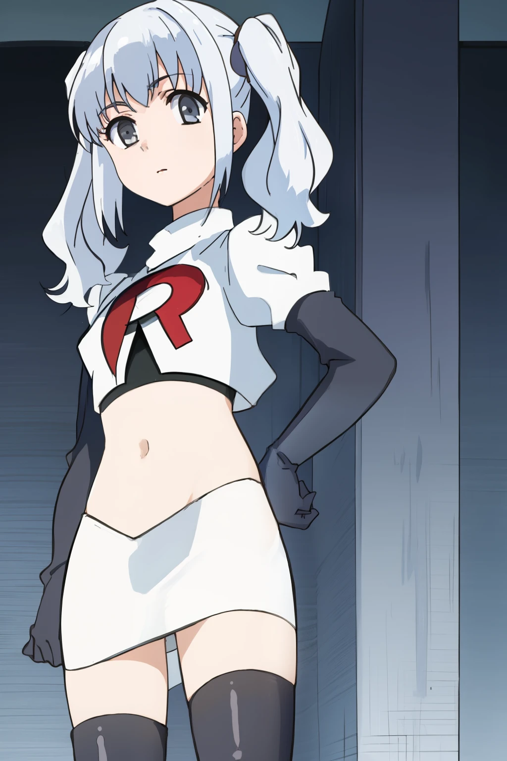 ((masterpiece)), (( best quality)), 1girl, solo, twintails, grey eyes, white hair, team rocket,team rocket uniform, red letter R, white skirt,white crop top,black thigh-highs,black elbow gloves,