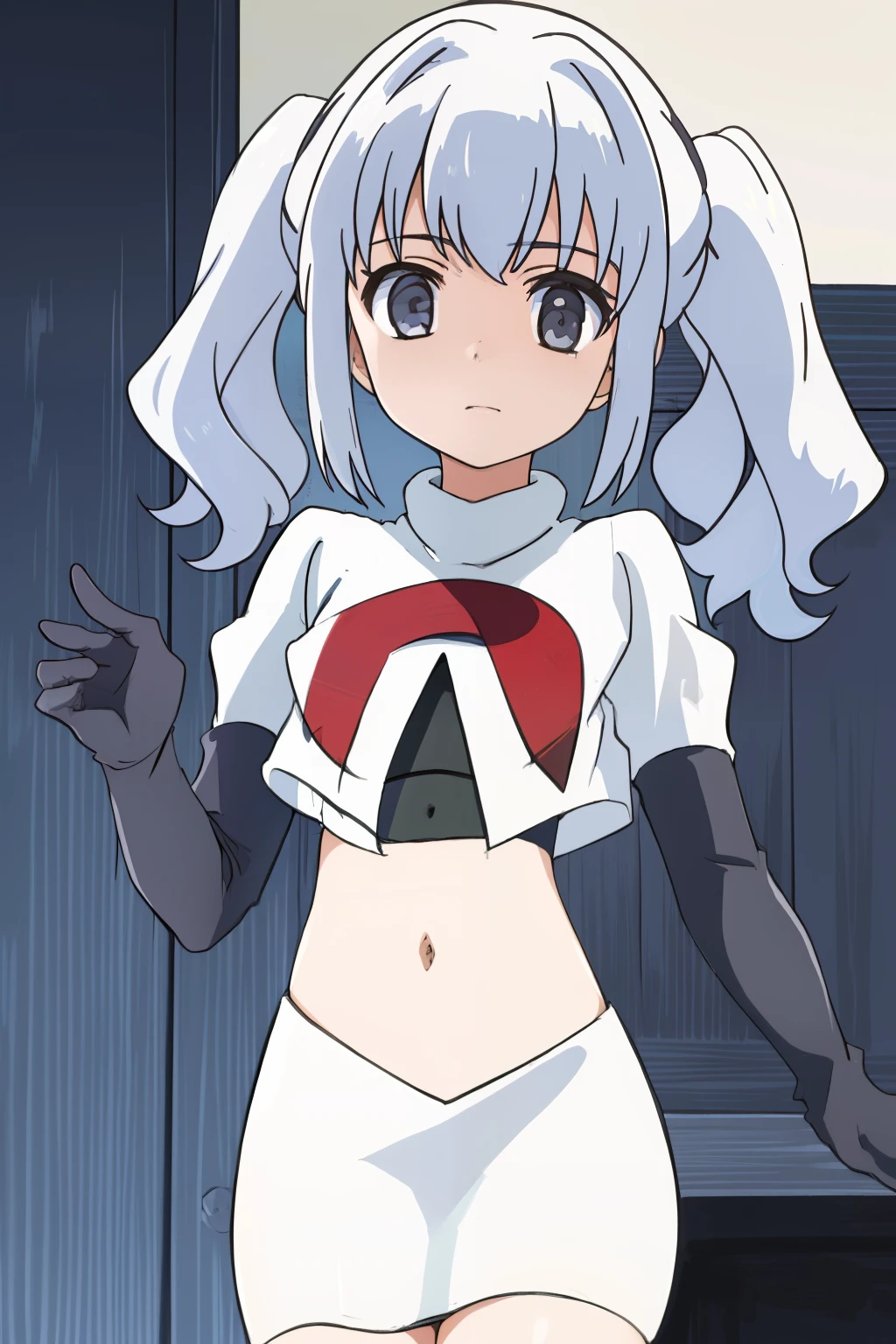 ((masterpiece)), (( best quality)), 1girl, solo, twintails, grey eyes, white hair, team rocket,team rocket uniform, red letter R, white skirt,white crop top,black thigh-highs,black elbow gloves,