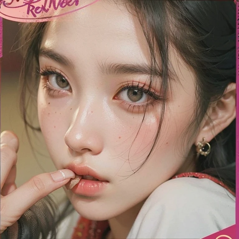 foto arafed de una mujer con un dedo en los labios, rojo velvet, Jinyoung Shin, retrato de jisoo rosa ?????, rojo tint, retrato de jossi de blackpink, jennie rosa ?????, rojo cheeks, Obra oficial, rojo left eye, art album, ((rojo)) ojos holgados, dim rojo light, 2 4 MP, 24MP, rojo-eyed