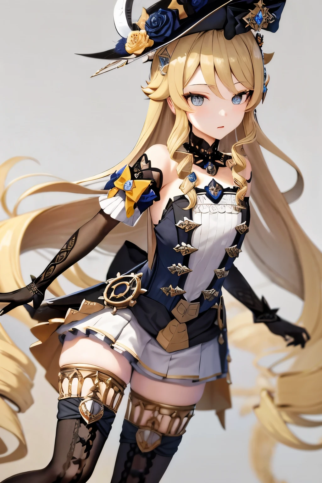 masterpiece, best quality, highres, 1girl navia, black headwear hat flower hat feather black thighhighs black gloves boots