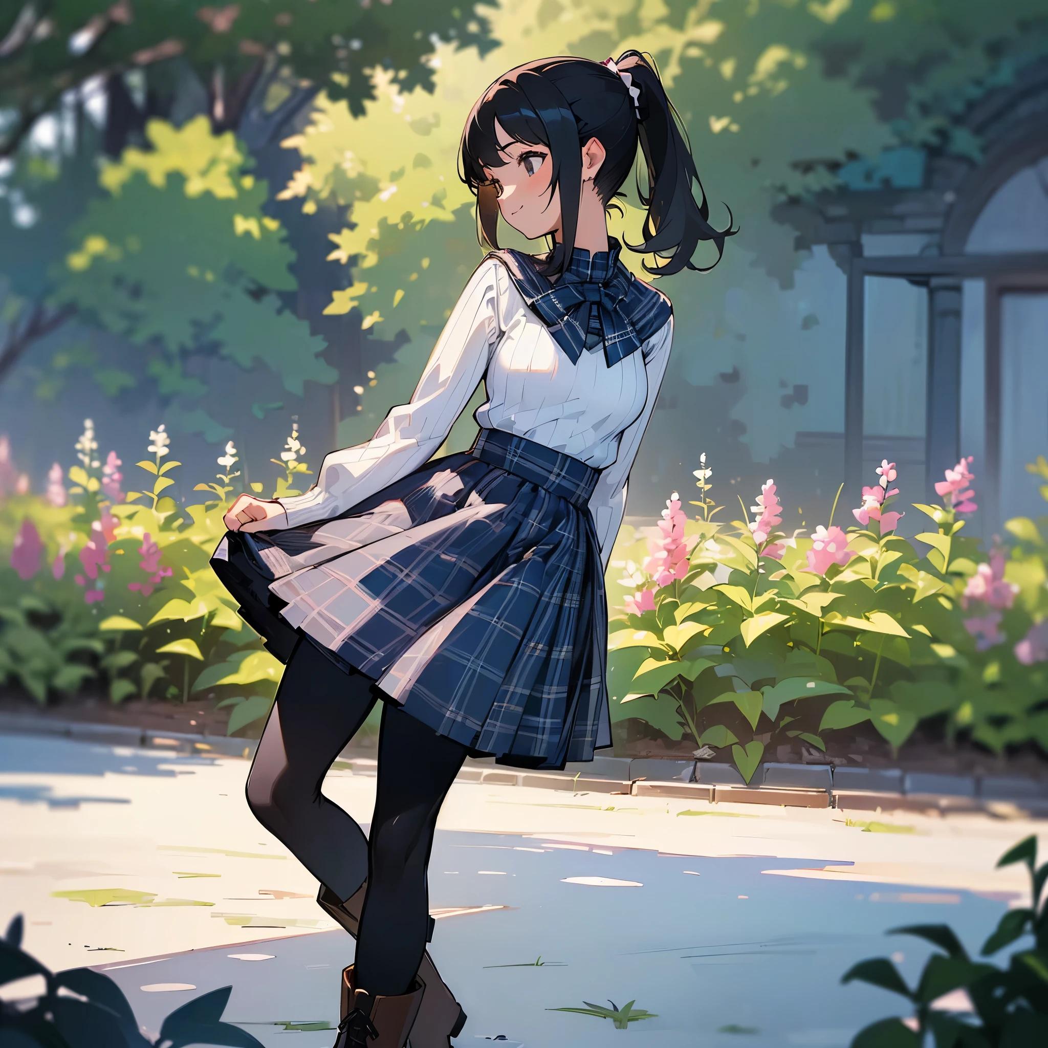 (high quality, high resolution, Super detailed, Reality:1.37), peaceful atmosphere, (outdoor, garden), Teenage girl standing alone, (My breasts are big.), Beautiful detailed features, cute smile, (black hair ponytail), ribbed sweater, blue plaid skirt, Black tights, brown boots.
