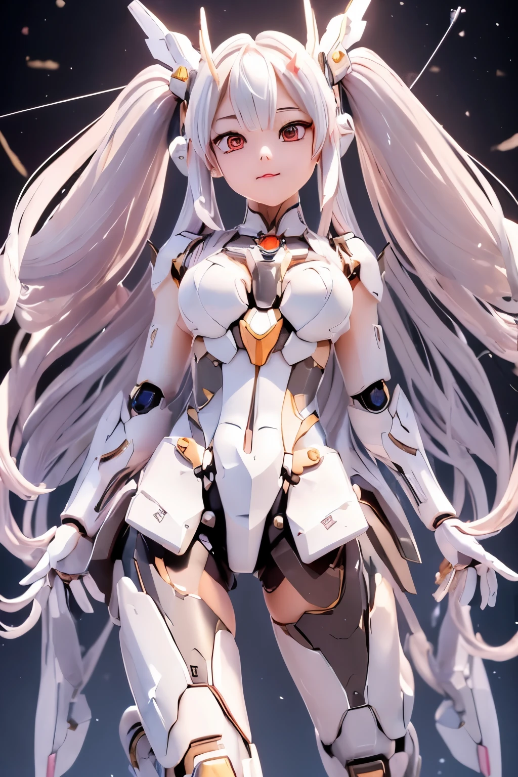 (masterpiece: 1.4), (highest quality: 1.4),  (She is fused with futuristic Gundam mecha), (very cute girl, super detailed face, eyes like jewels, white very long hair, Colorful gradient hair: 1.4), Gundam style, with headgear, with v-fin ,, armored shoulders,armored under arms, armored under legs, mechanical wings, holding weapon, holding huge weapon, holding Very large shield, full body pose, (whole body:1.5, perfect 2 arms, perfect 2 legs: 1.4), (perfect four fingers: 1 thumb), light, shine, Bokeh, super fine, broken streets, Broken City,