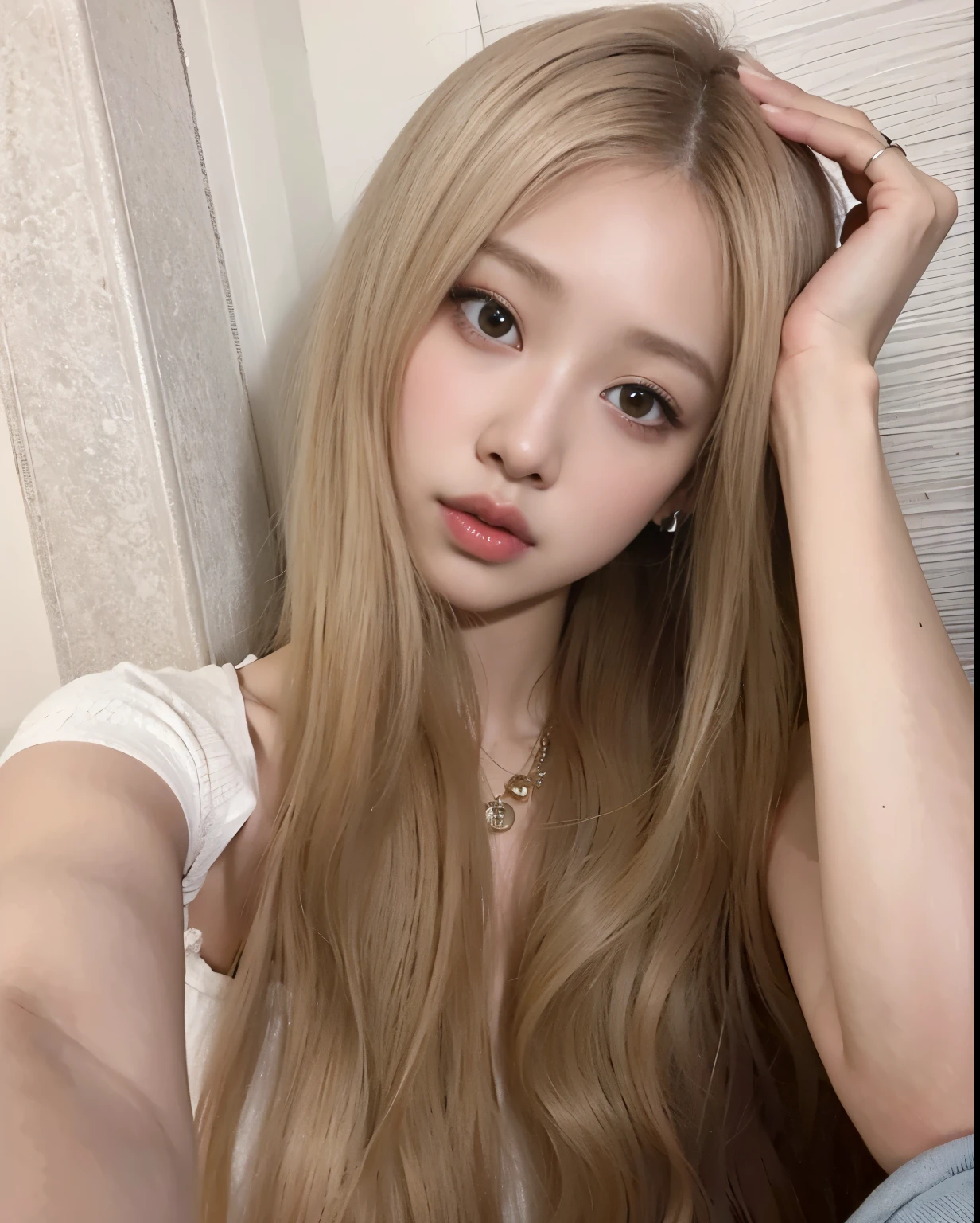 blonde haired girl con cabello largo sitting on a bed, ulzzang, con cabello largo, con pelo largo y rubio, con cabello largo and piercing eyes, maquillaje popular de corea del sur, parque roseanne de blackpink, pelo largo y rubio y ojos grandes, maquillaje coreano popular, con cara redonda, pelo largo y rubio y ojos grandes, Lalisa Manobal, muchacha coreana