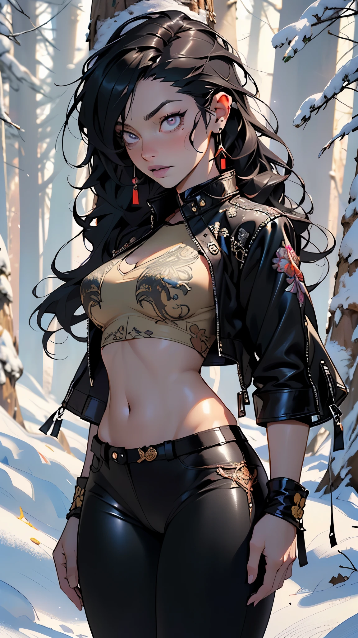 goth girl,1girl,((extremely cute and beautiful black haired anime goth girl)),(((16 years old))),(large breasts:1.2),((((black wavy hair:1.35,absurdly long unkempt hair,messy hair,colored inner hair,ear breathing)))),((heterochromia:1.5, (purple_eye and red_eye))),intricate eyes,beautiful detailed eyes,symmetrical eyes,Big eyes:1.5,((fat)),(((lustrous skin:1.5,bright skin: 1.5,skin tanned,shiny skin,very shiny skin,shiny body,plastic glitter skin,exaggerated shiny skin,illuminated skin))),(spider lower abdomen,narrow waist,wide hip,athletic body,inflated legs,thick thighs,detailed body,(detailed face)),

cute,slutty,seductive,erotic,(nsfw),

zettai ryouiki,revealing clothing,show skin,((printed T-shirt:1.3),(navel))),((black leather crop jacket:1.3)),(((black pants:1.5,black thong,visible thong straps)))),(((Black Lips,Goth Accessories))),(((intricate outfit,intricate clothes,embroidered outfit,ornate outfit,embroidered clothes,ornate clothes))),

(dynamic pose:1.0),embarrassed,(centered,scale to fit dimensions,Rule of thirds),

((snowy pine forest)),winter,scenery:1.25,((intricate scenery)),((snow forest background)),Christmas tree,

(Glossy winter ornaments),highres,sharp focus,(ultra detailed,extremely detailed),(photorealistic artwork:1.37),(extremely detailed CG unity 8k wallpaper),(((vibrant colors,vibrant theme))),(intricate),(masterpiece),(best quality),
