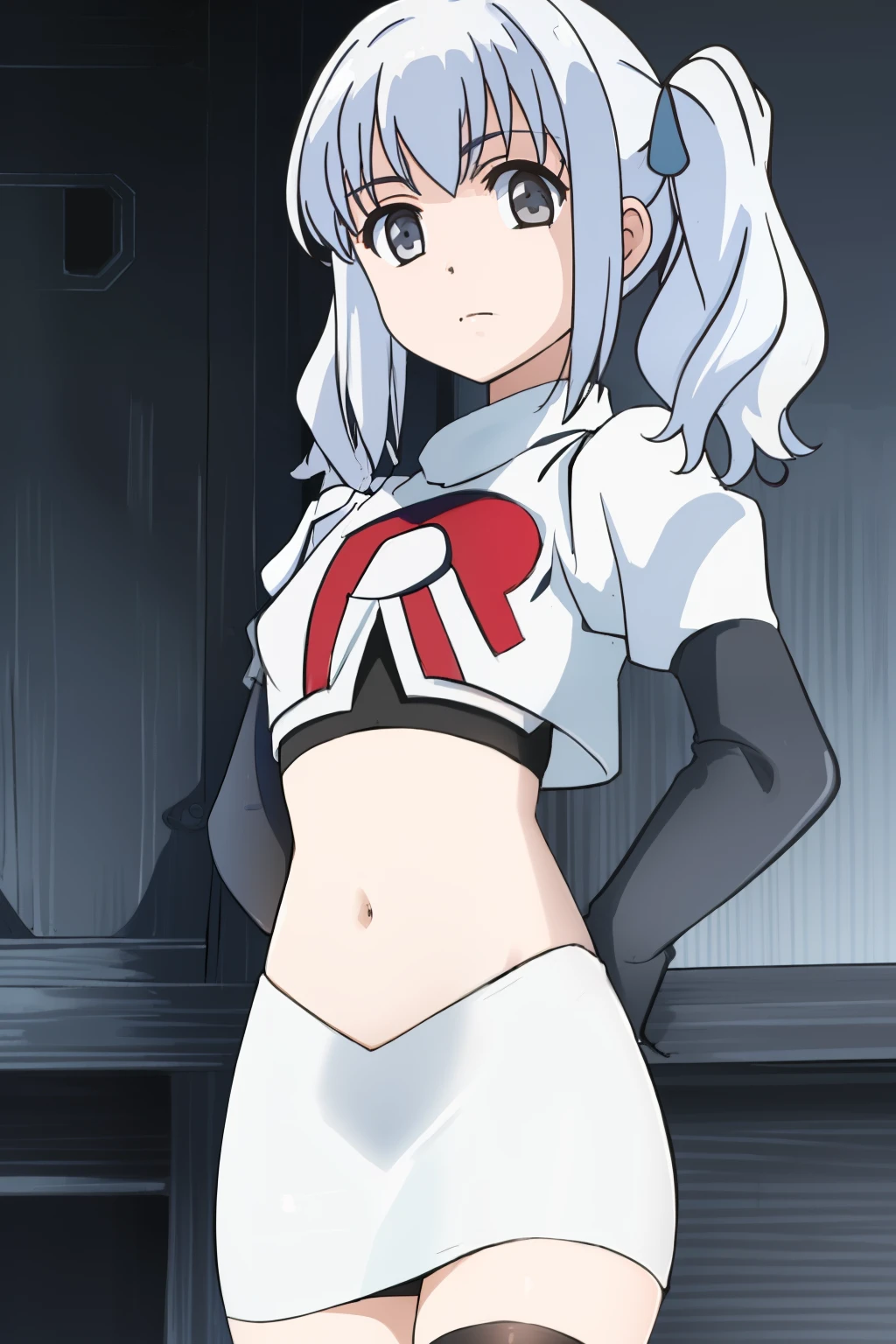 ((masterpiece)), (( best quality)), 1girl, solo, twintails, grey eyes, white hair, team rocket,team rocket uniform, red letter R, white skirt,white crop top,black thigh-highs,black elbow gloves,