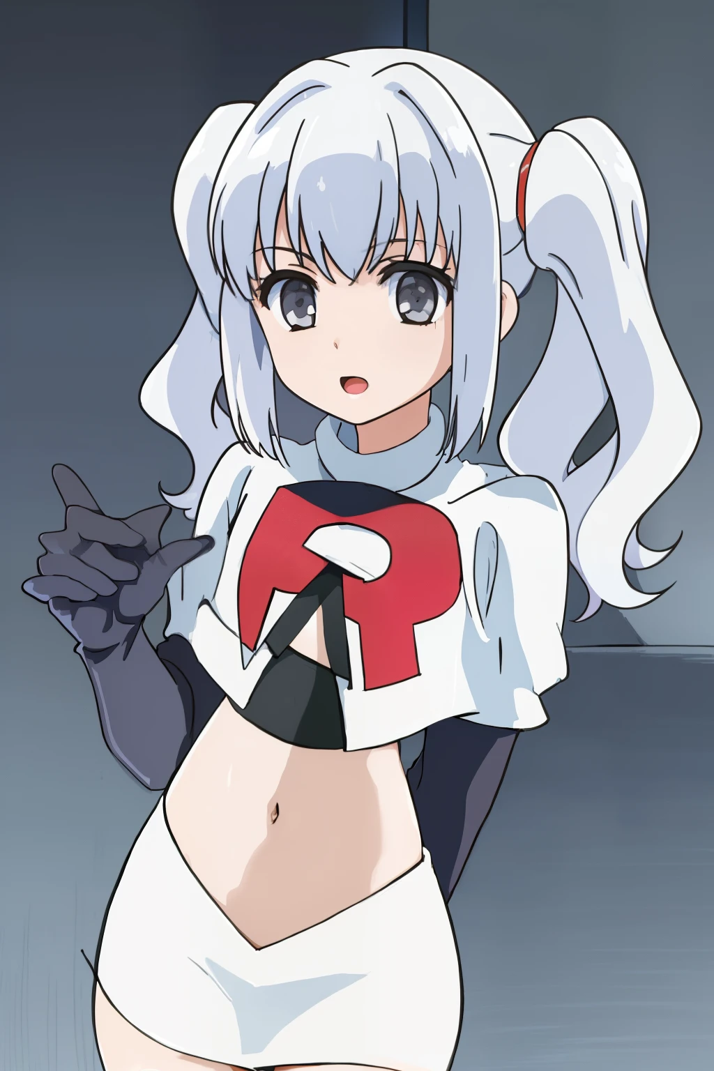 ((masterpiece)), (( best quality)), 1girl, solo, twintails, grey eyes, white hair, team rocket,team rocket uniform, red letter R, white skirt,white crop top,black thigh-highs,black elbow gloves,