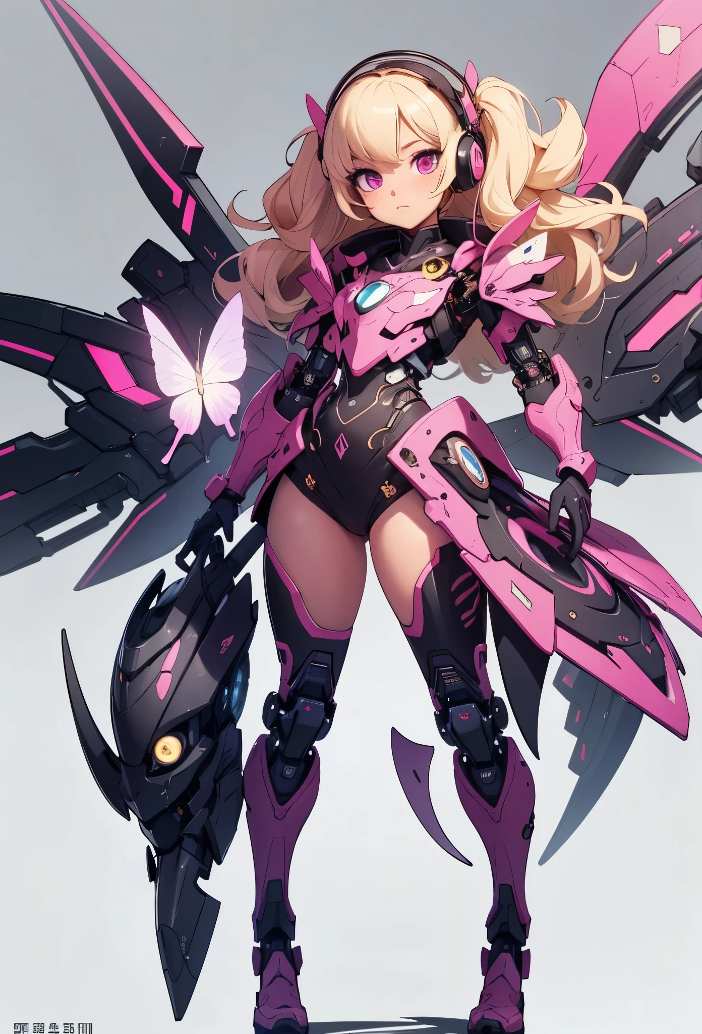 ((Highly accurate drawing in every detail)Extremely precise depiction)[High resolution],(detailed illustrations,とてもfineで緻密な描画,Delicate drawn lines with tempo,Realistic texture expression),[color traced main line],[labo],[[??????]] ANIME (CYBERGirl anime Beauty 13 years old Cyborg[wavy hair (platinum blonde)]),([Butterfly wings] Magenta-pink Papillon cybernean armor [Aurora Armor] Fuselage only transparent material) Cyber Headset,(cybernetic [clear lenticular iris]),(intricate and beautiful decoration [Dense detail]),(Fine and beautiful skin expression [transparency]),[完璧な目のdetailed (Beautifully detailed iris)(Eyes like deep jewels)],(eyes light[Pinpoint lighting for the eyes]),[long and beautiful eyelashes],[precisely drawn hair [美しく艷やかな髪のdetailed]],(完璧な手のdetailed [Beautiful fingers with no damage [beautiful nails]]),(perfect anatomy(perfectly balanced proportions))[[full body portrait]],[[Design built to the highest level]][ideal color coordination(Accurate simulation of light and material interactions)],([Precision Detail](detailed,高fine)),[Visual art that tells a story],((highest quality)fine[[High density drawing]])[FHD].