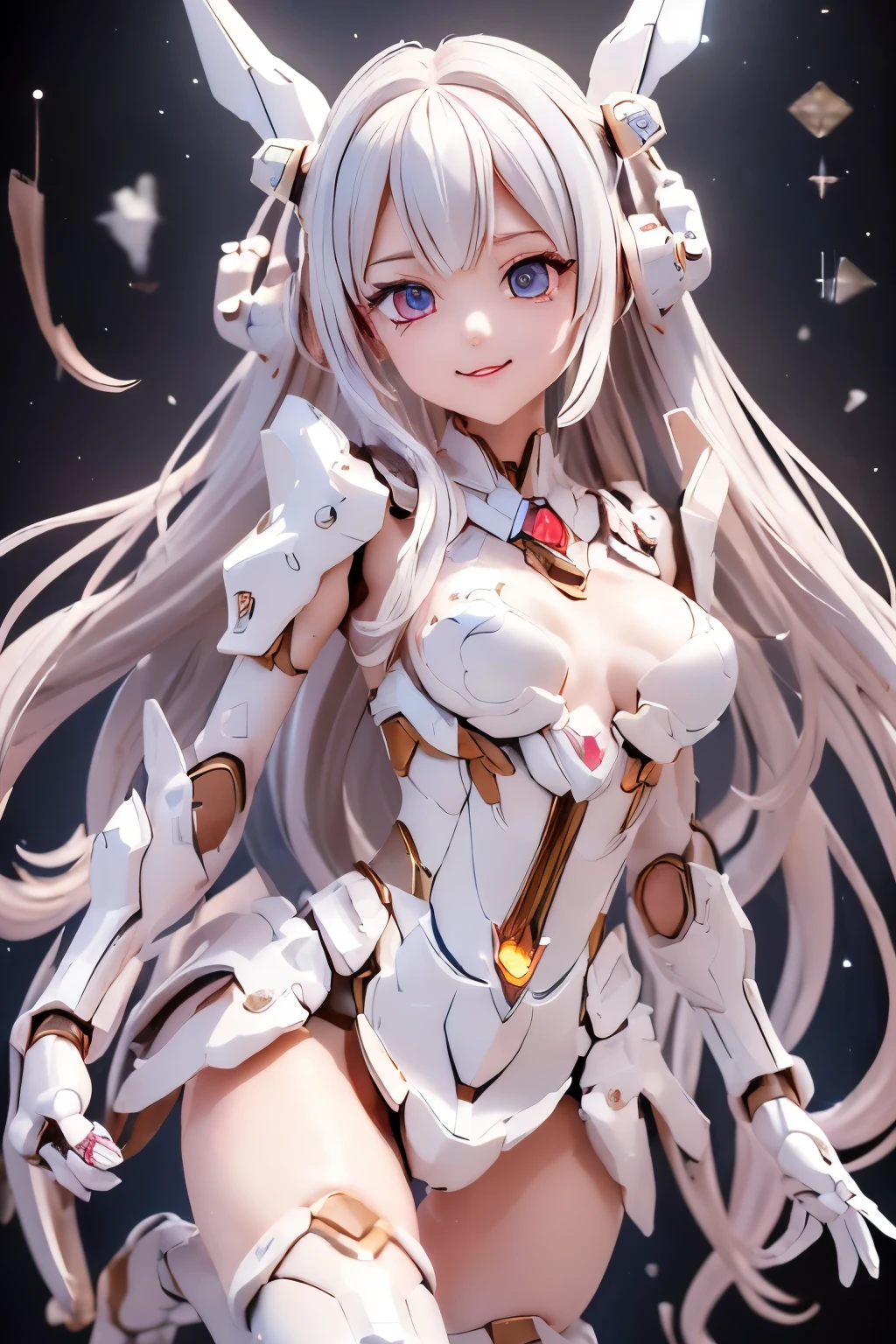 (masterpiece: 1.4), (highest quality: 1.4), (She is fused with futuristic Gundam mecha), (very cute girl, super detailed face, eyes like jewels, white very long hair, Colorful gradient hair: 1.4), Gundam style, with headgear, with v-fin ,, armored shoulders,armored under arms, armored under legs, mechanical wings, holding weapon, holding huge weapon, holding Very large shield, full body pose, (whole body:1.5, perfect 2 arms, perfect 2 legs: 1.4), (perfect four fingers: 1 thumb), light, shine, Bokeh, super fine, broken streets, Broken City,