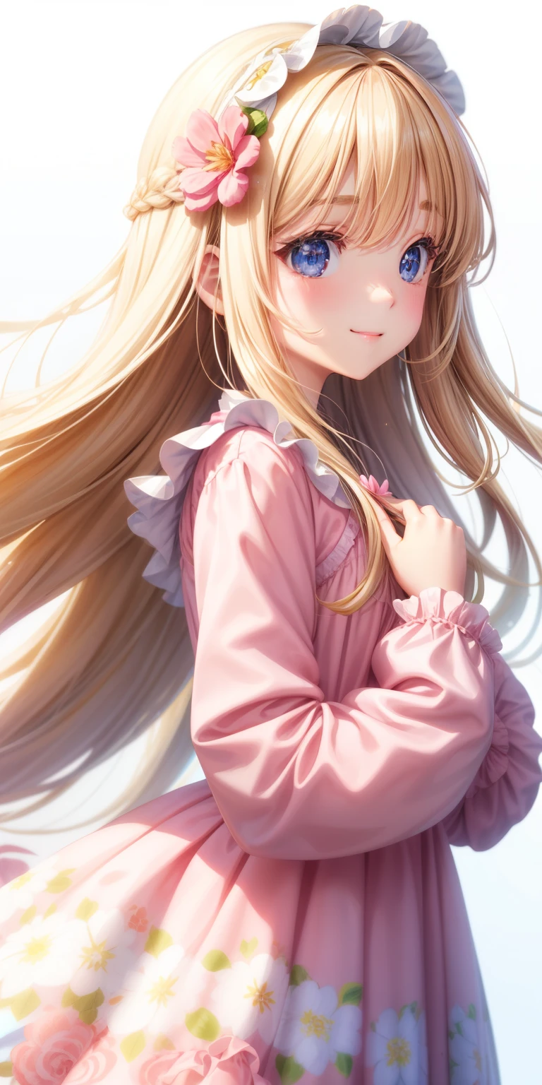 girl、white background、no background、blonde、long hair、straight long hair、Contrasting bangs、Eyes are sparkling、highlight、floral dress、Pink floral long sleeve dress、frills、profile、April、frontal face、Looking straight at me、blush、smile、cute、no background