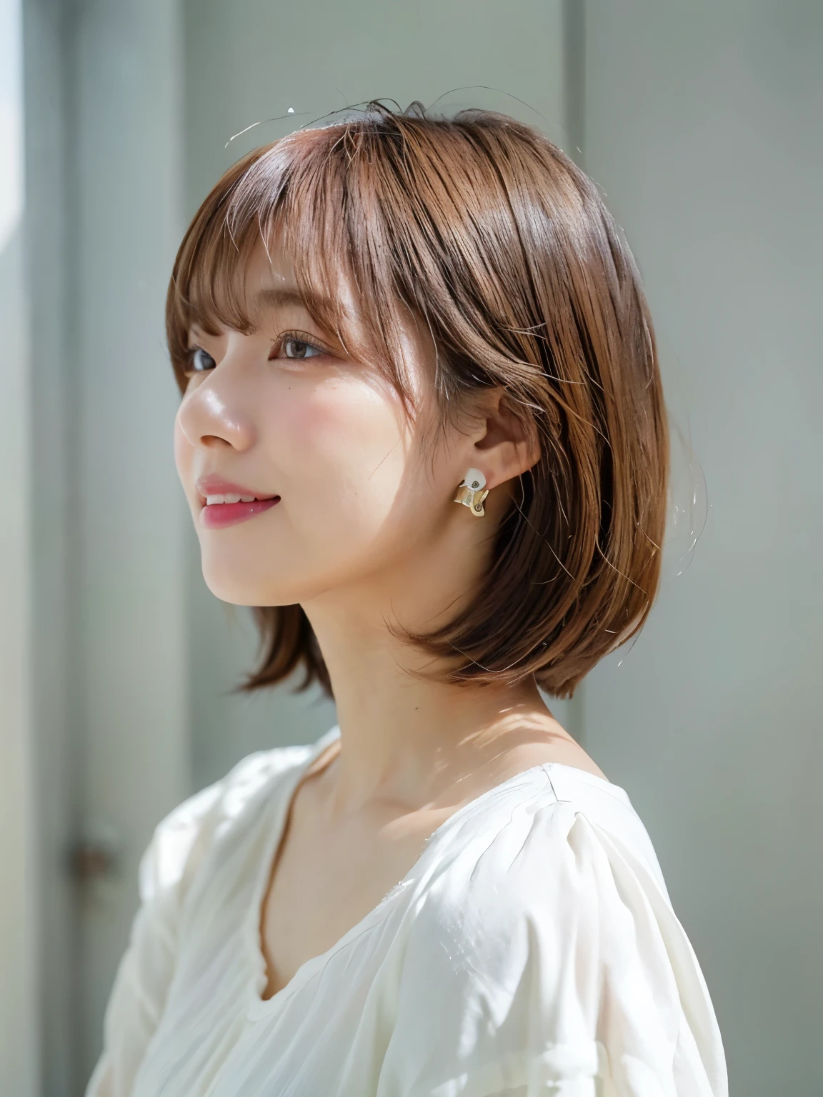 white wall、Taken in front of the white door、(窓のあるwhite wallの部屋)、(8K、Raw photo、highest quality、masterpiece:1.2)、High-definition RAW color photo、professional photos、(realistic、フォトrealistic:1.37)、Shot in natural light、1 girl、laughter、Versatile poses、Spring clothes、 necklace、(Beautiful profile:1.3)、Don't look at the camera、profile、shortcut、((bright hair color))、short hair、Shot in natural light、High-tone hair color、earrings、Blouses in pastel colors、normal human face、Normal eyes、Dark brown eyes