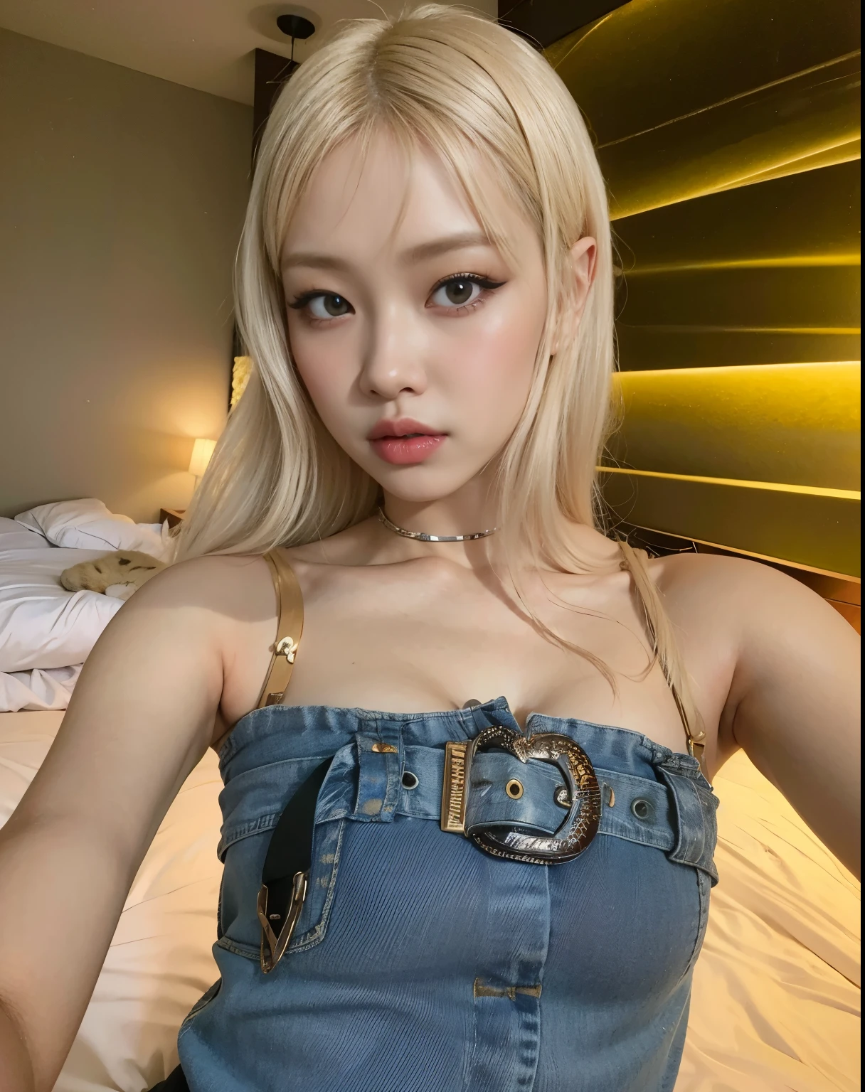 Blonde woman in a denim dress posing for a photo in a hotel room, Parque Roseanne de Blackpink, Lalisa Manoban de Blackpink, Lalisa Manobal, Jossi de Blackpink, Jinyoung Shin, Chica coreana, Sun Yunjoo, Heonhwa Choe, Retrato de Jossi de Blackpink, 韓国アイドル, ulzzang, Jaeyeon Nam