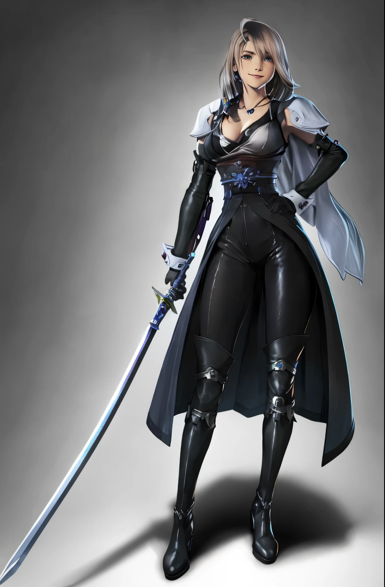 Yuna with a sword in a black outfit, leather outfit, leather gloves, leather boots, evil smile, cleavage