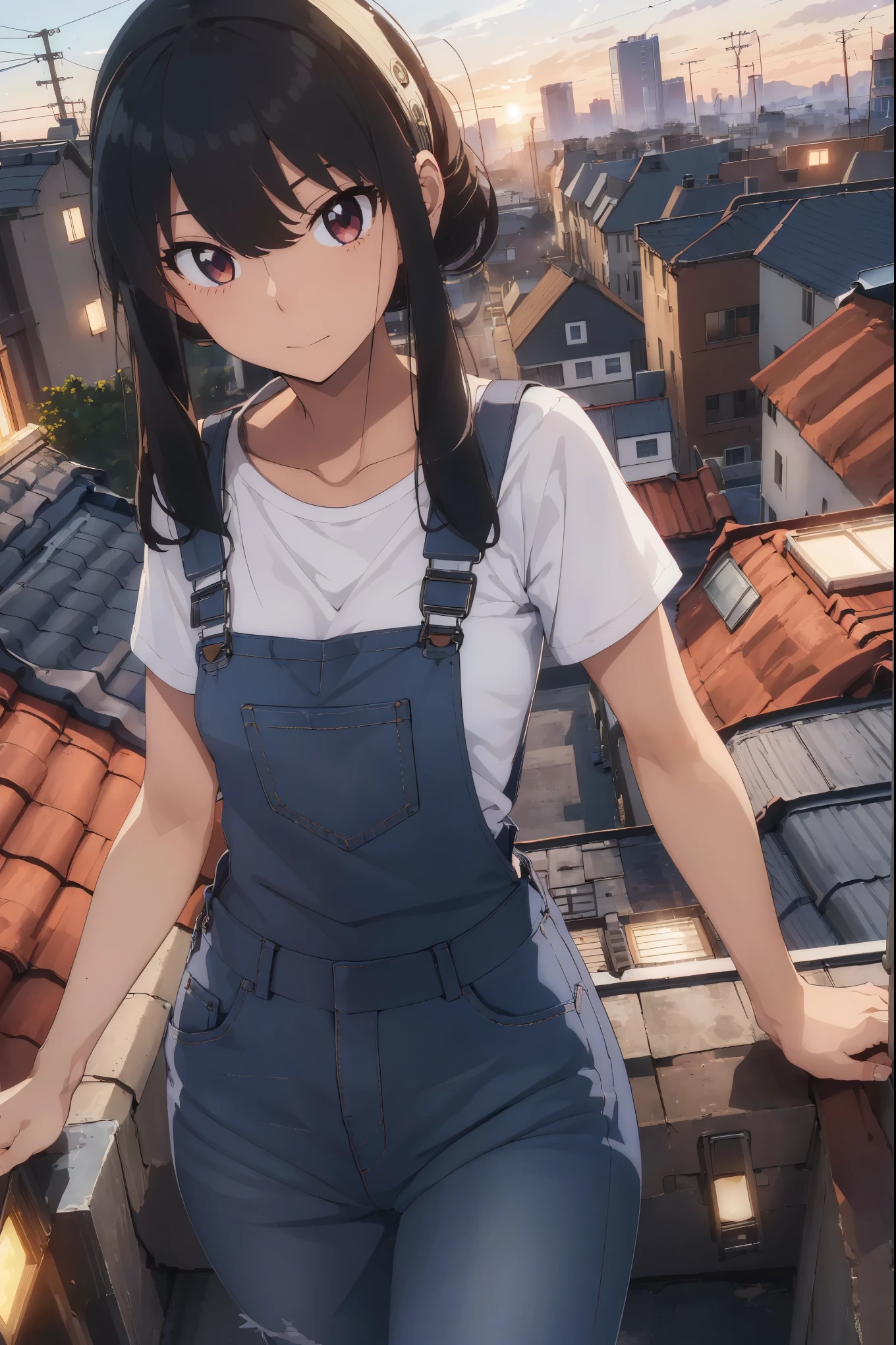((midnight, best quality, 8k, masterpiece :1.3)), whole body, long legs, sharp focus :1.2, beautiful woman,Perfect body :1.4, slim abs :1.1, ((dark brown hair, big :1.2)), (White tight T-shirt, overalls jeans, permanent:1.2), ((city night view, roof:1.3)), Highly detailed facial and skin textures, delicate eyes, double eyelids, Sunset, darken, backlight, Off the shoulders