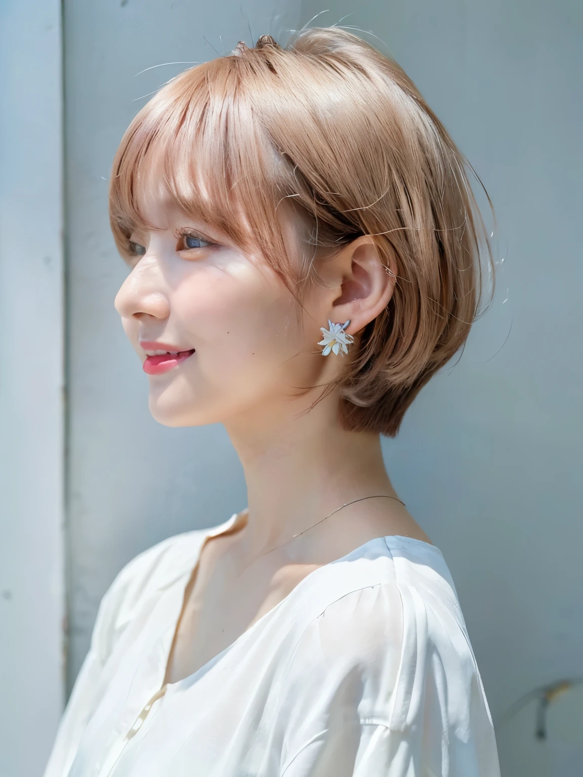white wall、Taken in front of the white door、(窓のあるwhite wallの部屋)、(8K、Raw photo、highest quality、masterpiece:1.2)、High-definition RAW color photo、professional photos、(realistic、フォトrealistic:1.37)、Shot in natural light、1 girl、laughter、Versatile poses、Spring clothes、 necklace、(Beautiful profile:1.3)、Don't look at the camera、profile、shortcut、((bright hair color))、short hair、Shot in natural light、High-tone hair color、earrings、Blouses in pastel colors