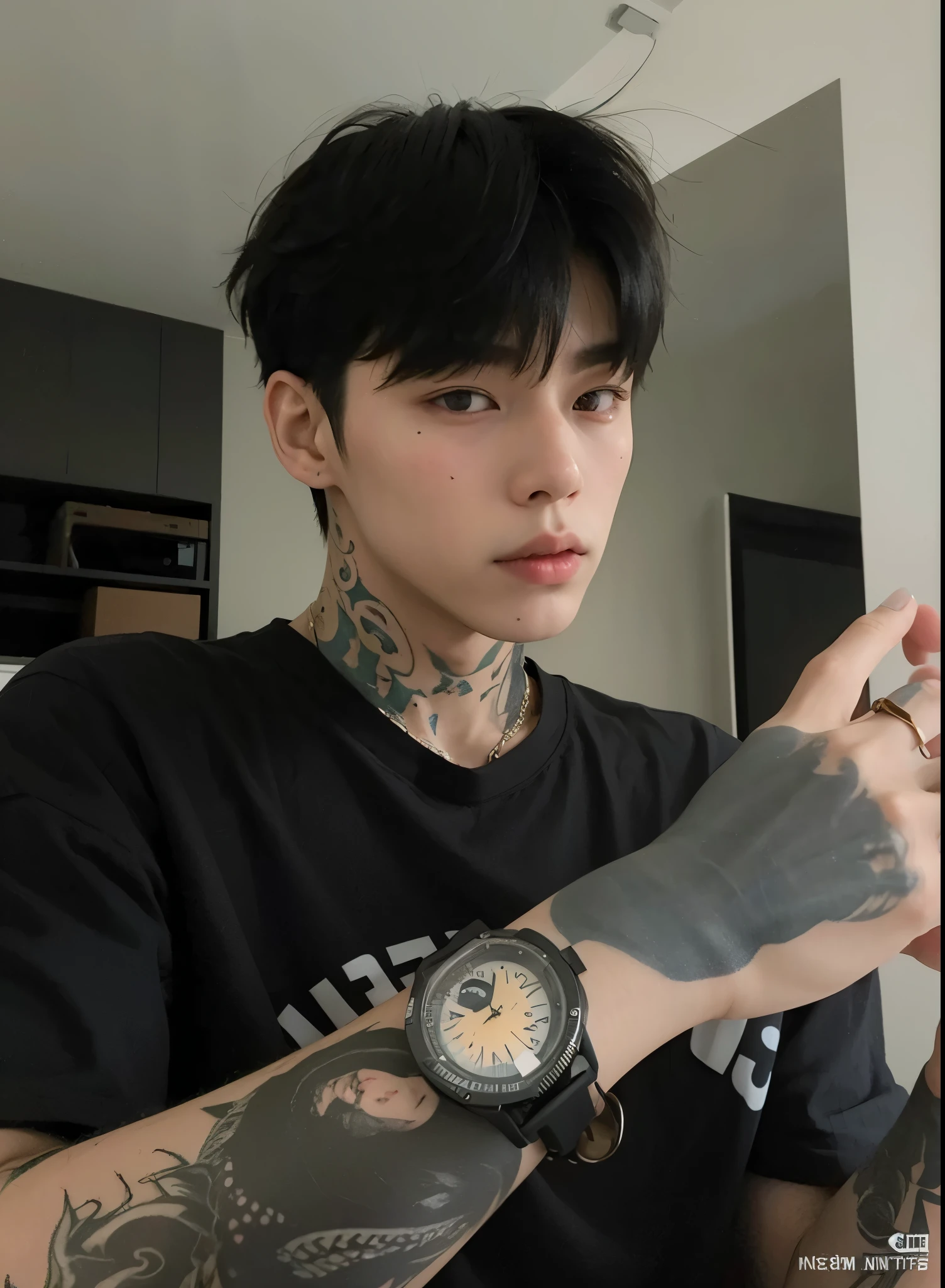 A closeup of a person with a tattoo on their wrist holding a watch, kim doyoung, pintar ulzzang, yanjun chengt, cai xukun, inspirado en Yanjun Cheng, Jung Jaehyun, inspirado en Bian Shoumin, handsome japanese demon boy, TaeJune Kim, kanliu666, 1 7-year-old boy with a thin face