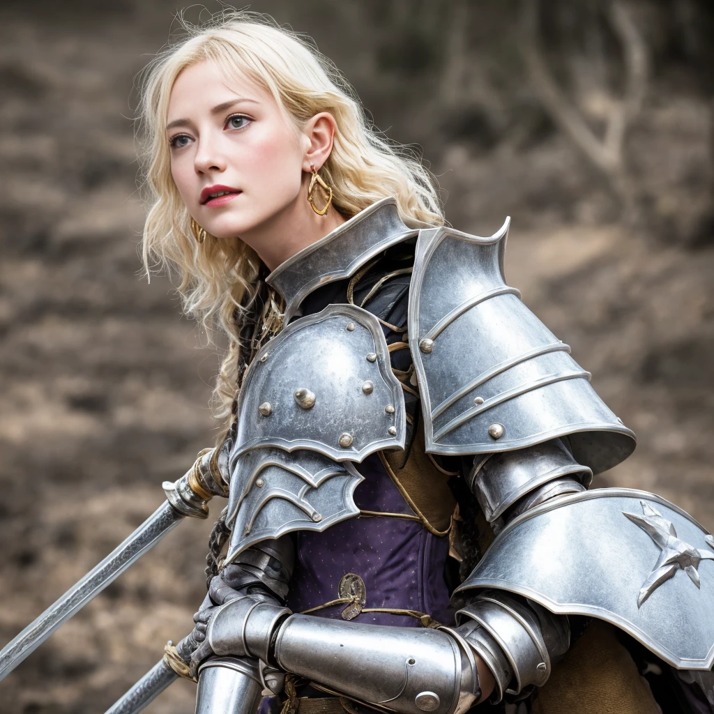 1 girl, Middle Earth Paladin ,Wearing armor ,Magic sword and powerful shield, Detail armor, Rusty armor, chain armor, Queen's Crown, Fight goblins to protect innocent villagers, witch, short, thin, square face, olive skin, platinum blonde, golden eyes, short Nose, thin Lips, round chin, Shoulder length hair, curls, blunt bangs, soft breasts, hug earrings, lavender satin lipstick, volcanic wasteland, River of fire flows into molten sea, (close up:1), (look at the audience),8k, (best quality:1.2), (masterpiece:1.37), (photo, photorealistic:1.37), (ultra high resolution), photographed by Canan EOS R6, 135mm, 1/1/2.8, ISO 400