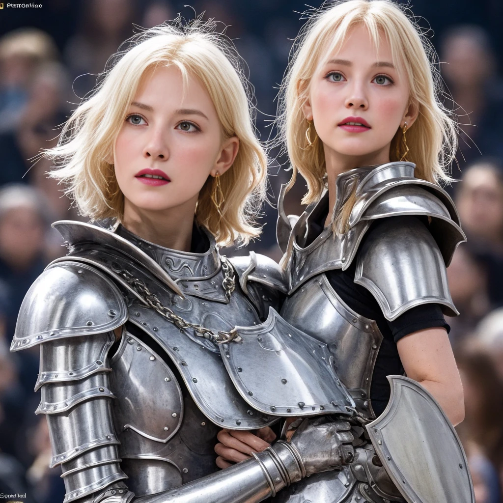 1 girl, Middle Earth Paladin ,Wearing armor ,Magic sword and powerful shield, Detail armor, Rusty armor, chain armor, Queen's Crown, Fight goblins to protect innocent villagers, witch, short, thin, square face, olive skin, platinum blonde, golden eyes, short Nose, thin Lips, round chin, Shoulder length hair, curls, blunt bangs, soft breasts, hug earrings, lavender satin lipstick, volcanic wasteland, River of fire flows into molten sea, (close up:1), (look at the audience),8k, (best quality:1.2), (masterpiece:1.37), (photo, photorealistic:1.37), (ultra high resolution), photographed by Canan EOS R6, 135mm, 1/1/2.8, ISO 400