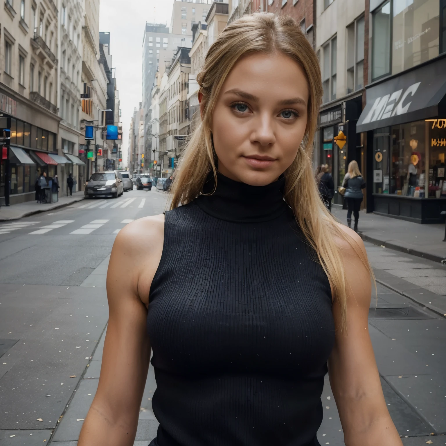 (Meisterwerk, best quality), Beautiful woman, Detailed sleeveless turtleneck top, Hose, Blonde Frau, perfect body, Halskette, welliges Haar, perfektes Gesicht, pretty face, Verlockend, big beautiful eyes, Happy, (Draussen), City streets, New York, helle Farben