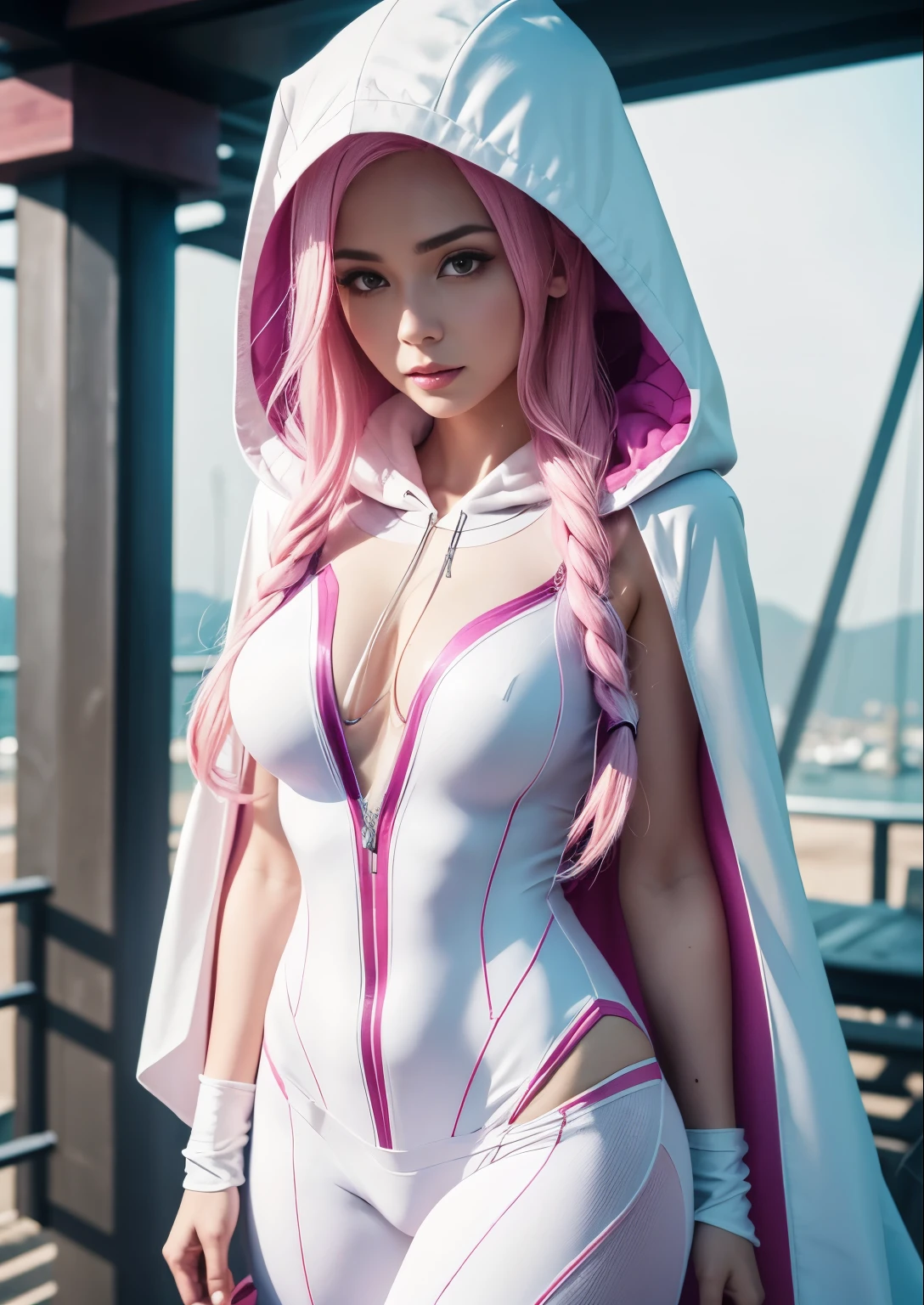 a close up of a woman with pink hair wearing a white hoodie, spider gwen, spider - gwen, spider-gwen, wearing white silk hood, maya ali as a cyber sorceress, in spandex suit, amouranth as a super villain, ( ( spiderwoman ) ), clothed in hooded, shiny white skin, tease, gwen stacy